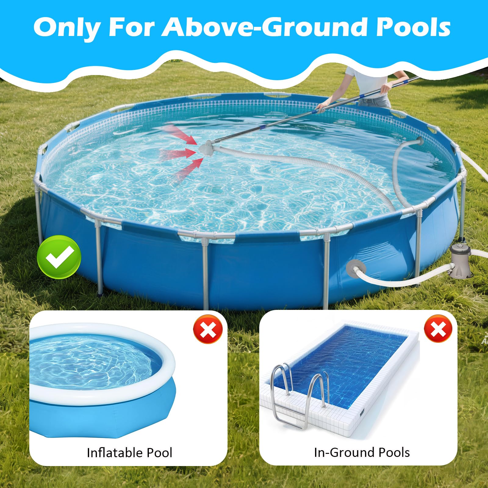 Varesee Pool-Staubsauger für kleinere Pools, “Nicht elektrisch” mit Filterpumpe, 13 Fuß verlängerbarer Schlauch, 8 Fuß teleskopischer Ständer, Staubsauger für kompakte oberirdische Pools