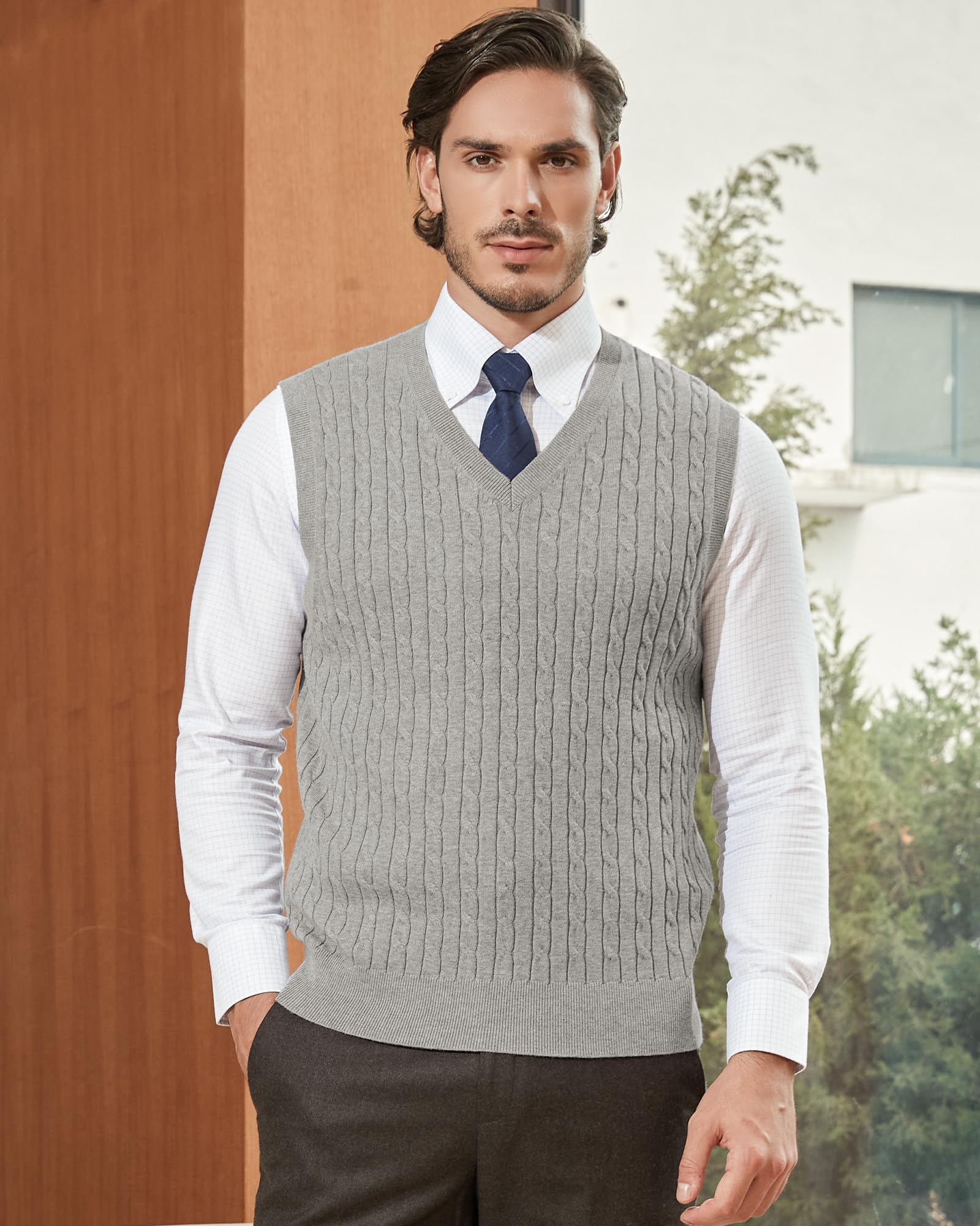 Kallspin Gilet en coton pour homme avec col en V et tricot torsadé sans manches