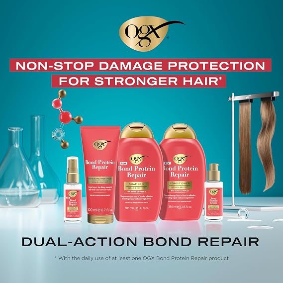 OGX Bond Protein Repair Essentials Bundle for Damaged, Fine Hair, Shampoo (385ml) & Conditioner (385ml), 1-Minute Treatment Mask (200ml) and Sealing Serum (50ml), Protection for Stronger Hair