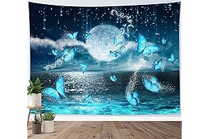 Full Moon over Ocean Tapestry with Psychedelic Butterfly