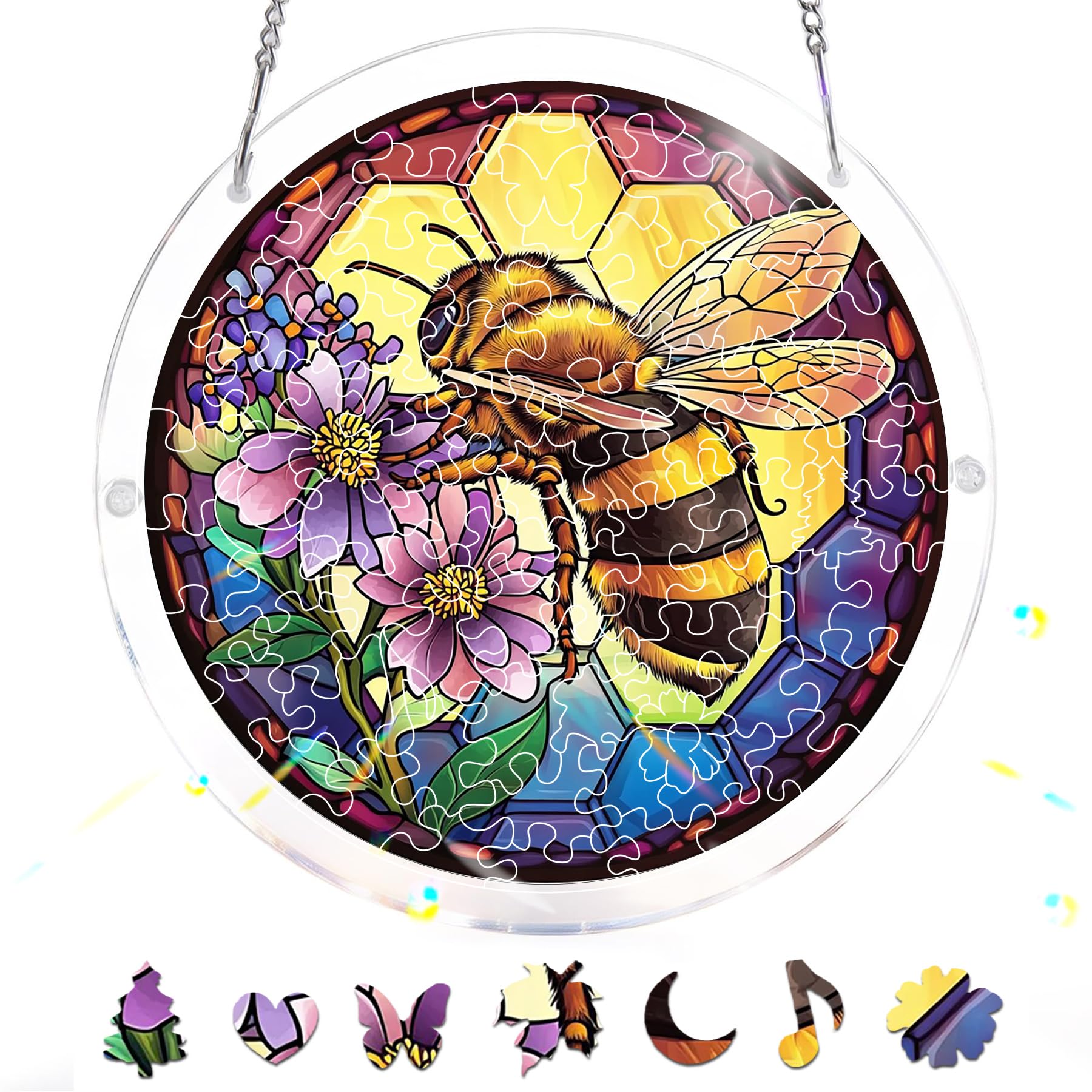 Reofrey Acrylic Puzzle Suncatcher for Adults, 83 Piece Stained Glass DIY Jigsaw Puzzle, Double-Sided Acrylic Window Hanging Decor with Chain, Gift for Mom, Home Garden Decoration, 18cm A381