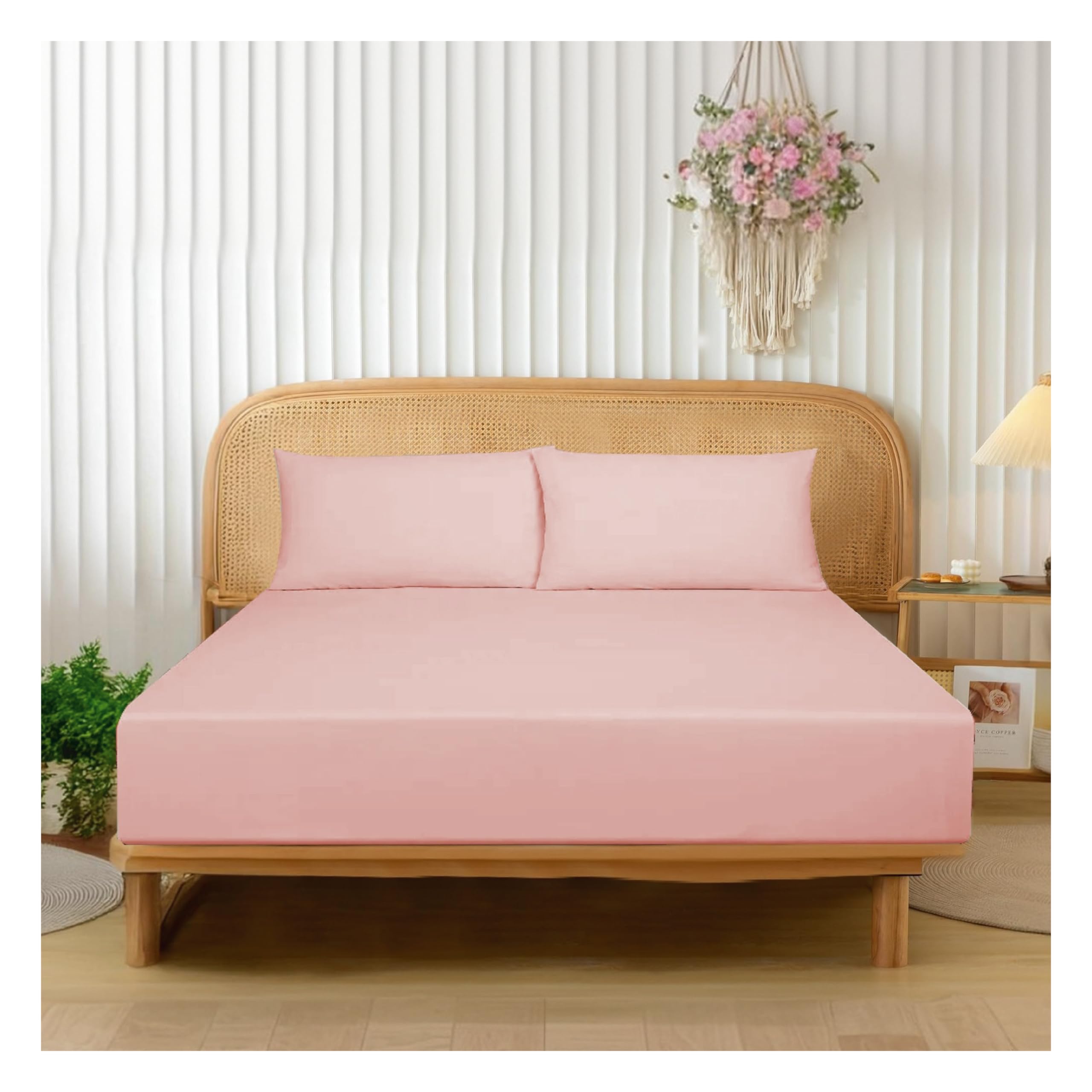 Funky Gadgets Double Fitted Sheet Blush Pink Extra Deep Pocket 16 Inch (40cm) 90 GSM Soft ...