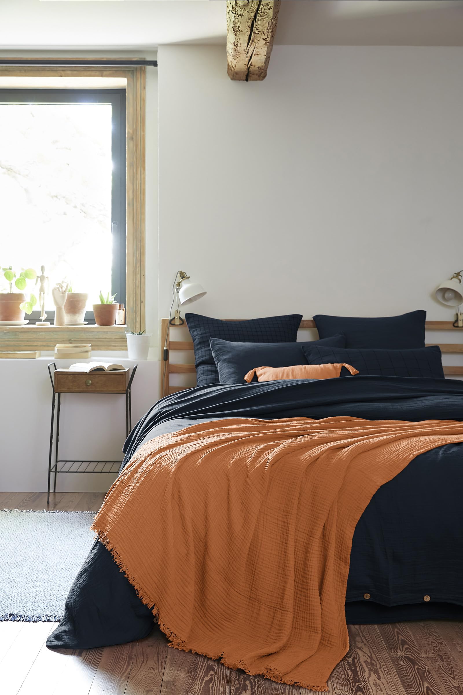 Plaid à franges 180 x 220 cm double gaze coton GAÏA jeté de lit abricot