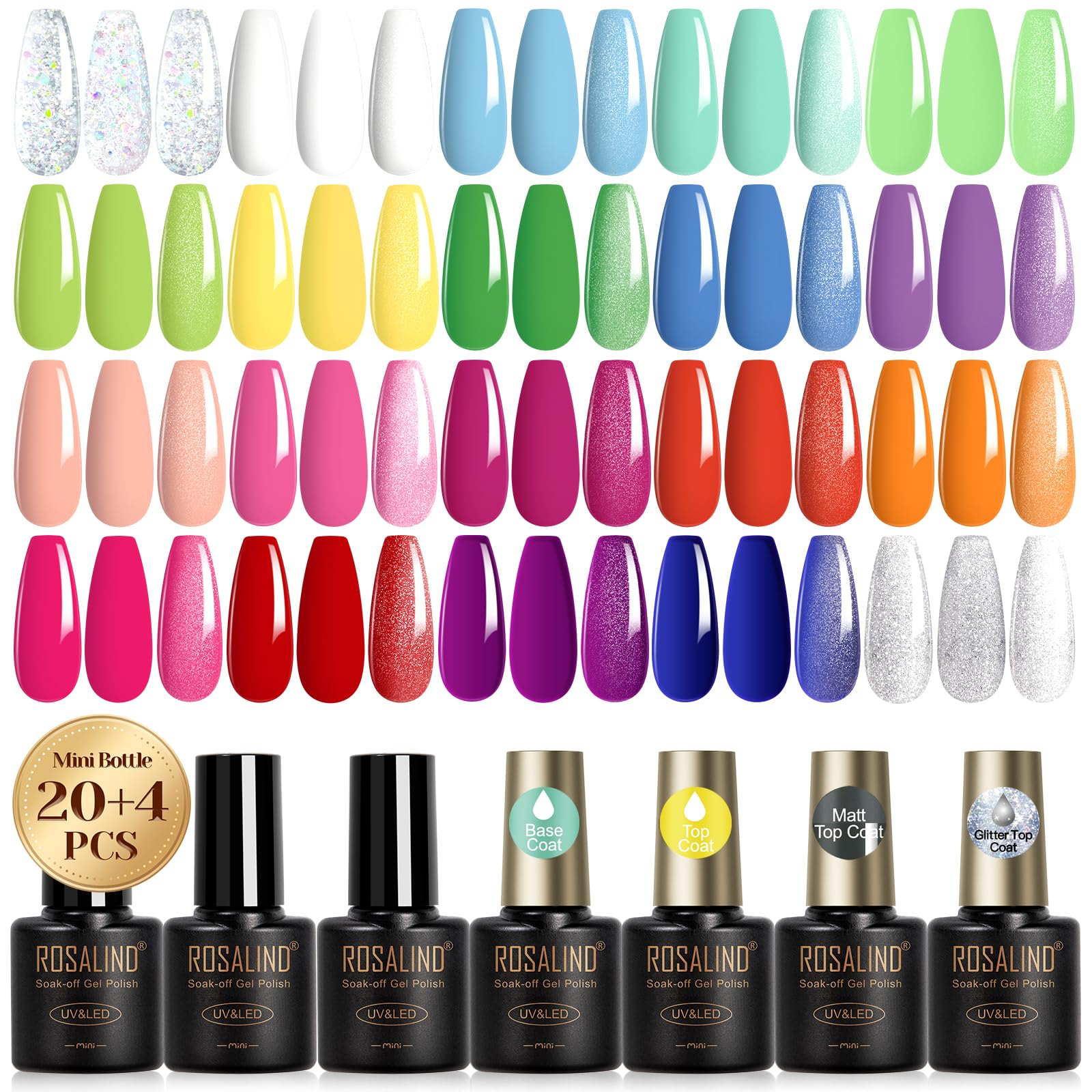 ROSALIND 24Pcs Neon Gel Nail Polish Set with Gel Base and Matte Glossy Glitter Top Coat, Bright Neon Colors Nail Gel Polish Soak Off UV Manicure Rainbow Nail Art