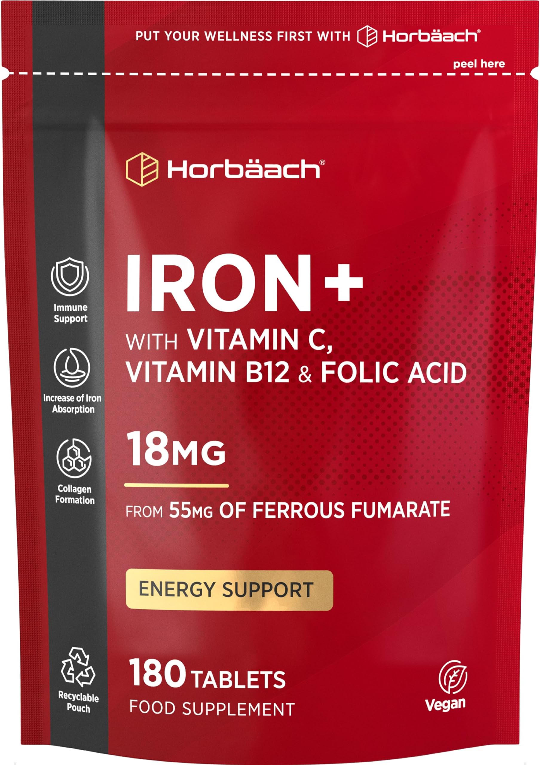Iron Tablets High Strength 18mg | Energy Tablets with Vitamin C, B12 & Folic Acid | 180 Count | 6 Months Supply & Vegan | Ferrous Fumarate Supplement for Men & Women | by Horbaach