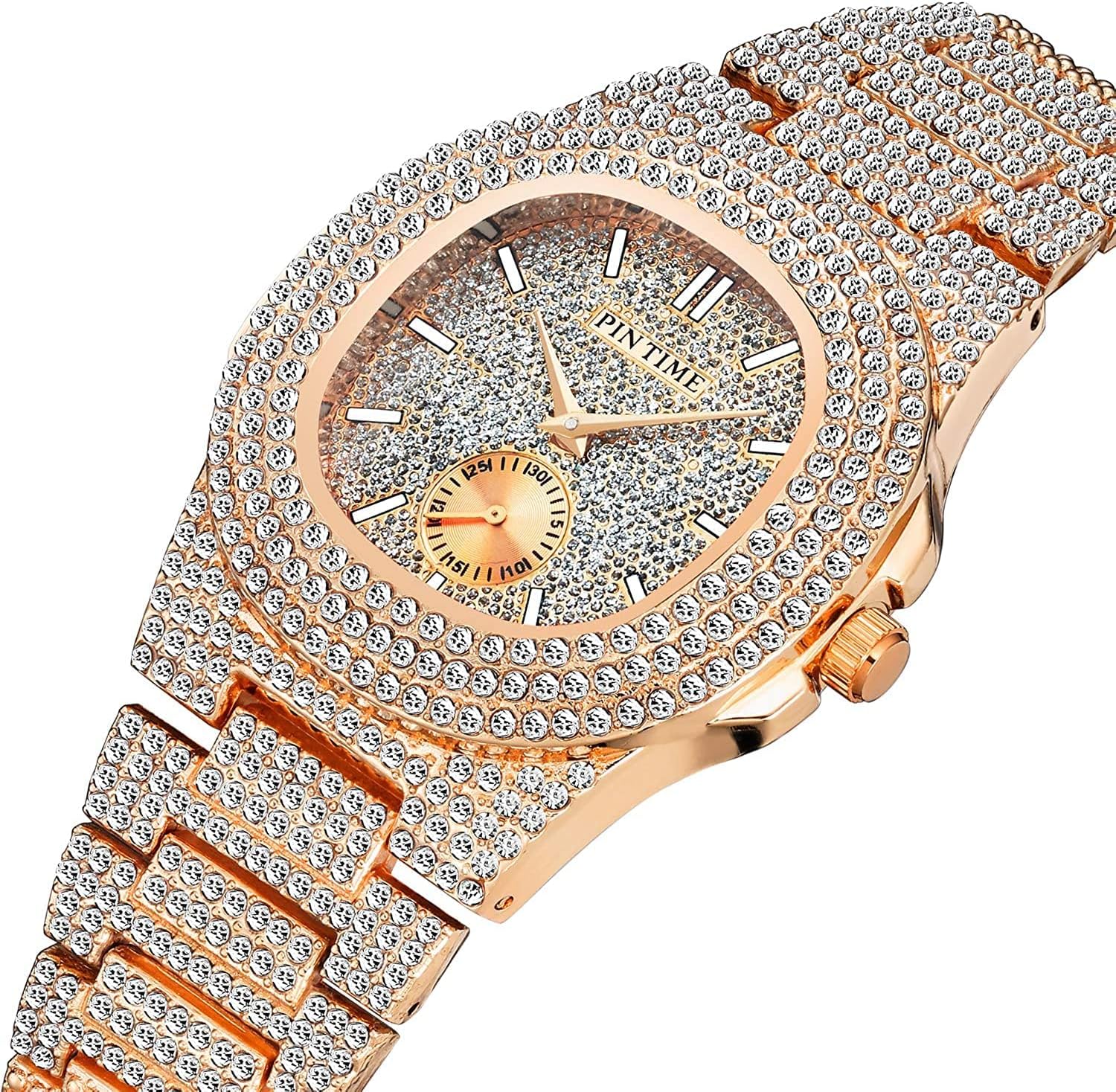 Gosasa Men's/Womens Unisex Crystal Watch Full Bling Iced-Out Cuban Watch Oblong Silver/Gold Wristwatch Hip-Hop Stainless Steel Bracelet Watch