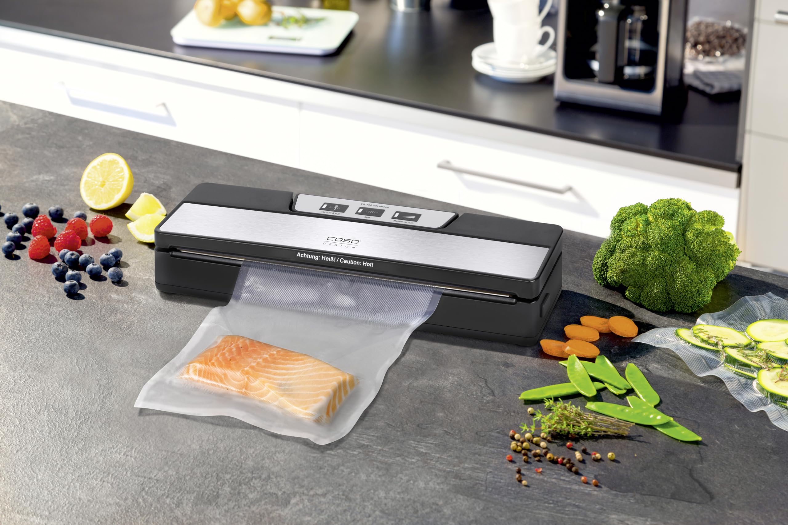 CASO 1520 VR 190 advanced - Appareil de mise sous vide avec soudure de 2,5 mm d'épaisseur, jusqu'à 50 mises sous vide réglables, façade en acier inoxydable, 10 sachets professionnels