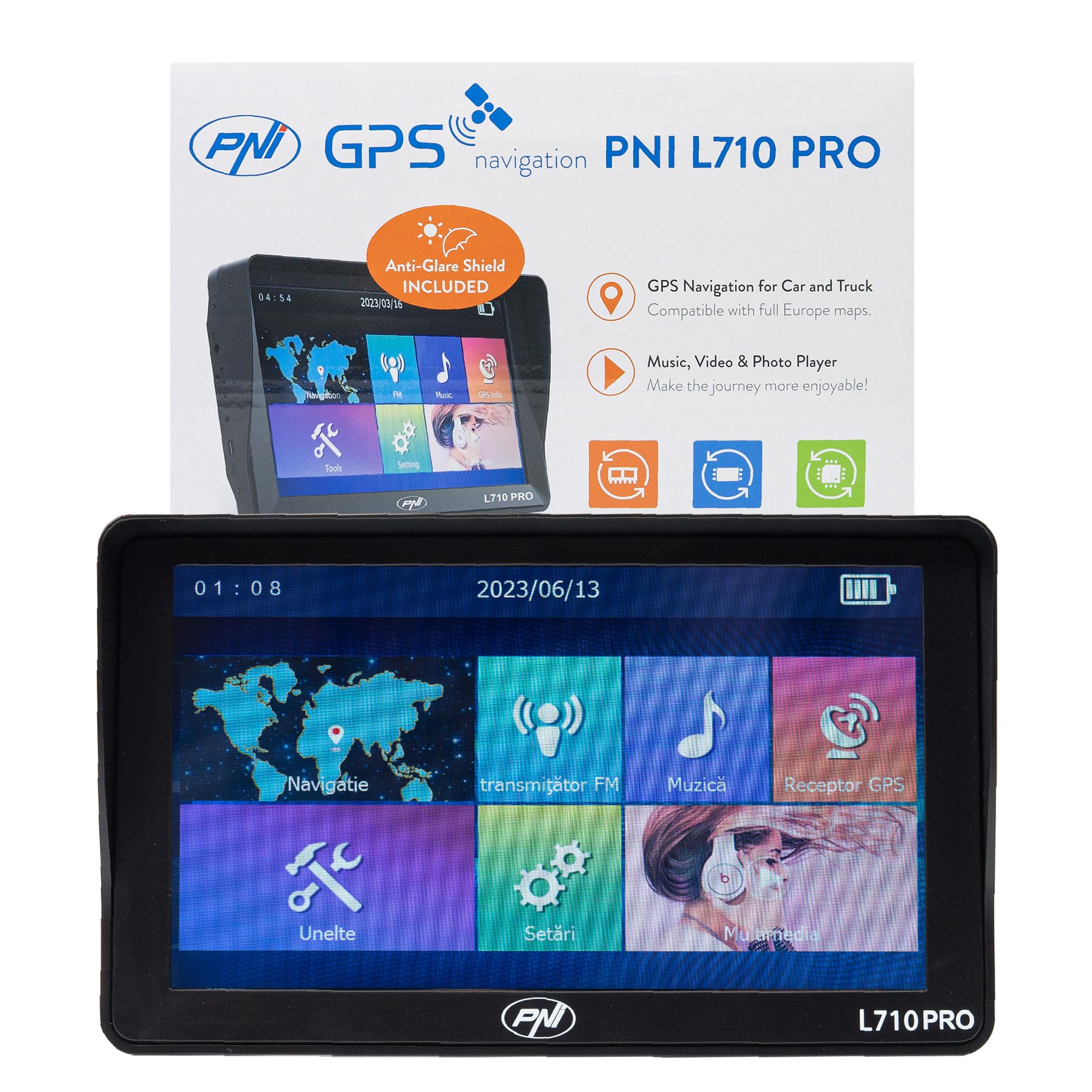 Sistema di navigazione GPS PNI L710 PRO con visiera parasole, 7 pollici, 800 MHz, 256 MB DDR, memoria interna da 16 GB, trasmettitore FM, con due caricatori per auto inclusi