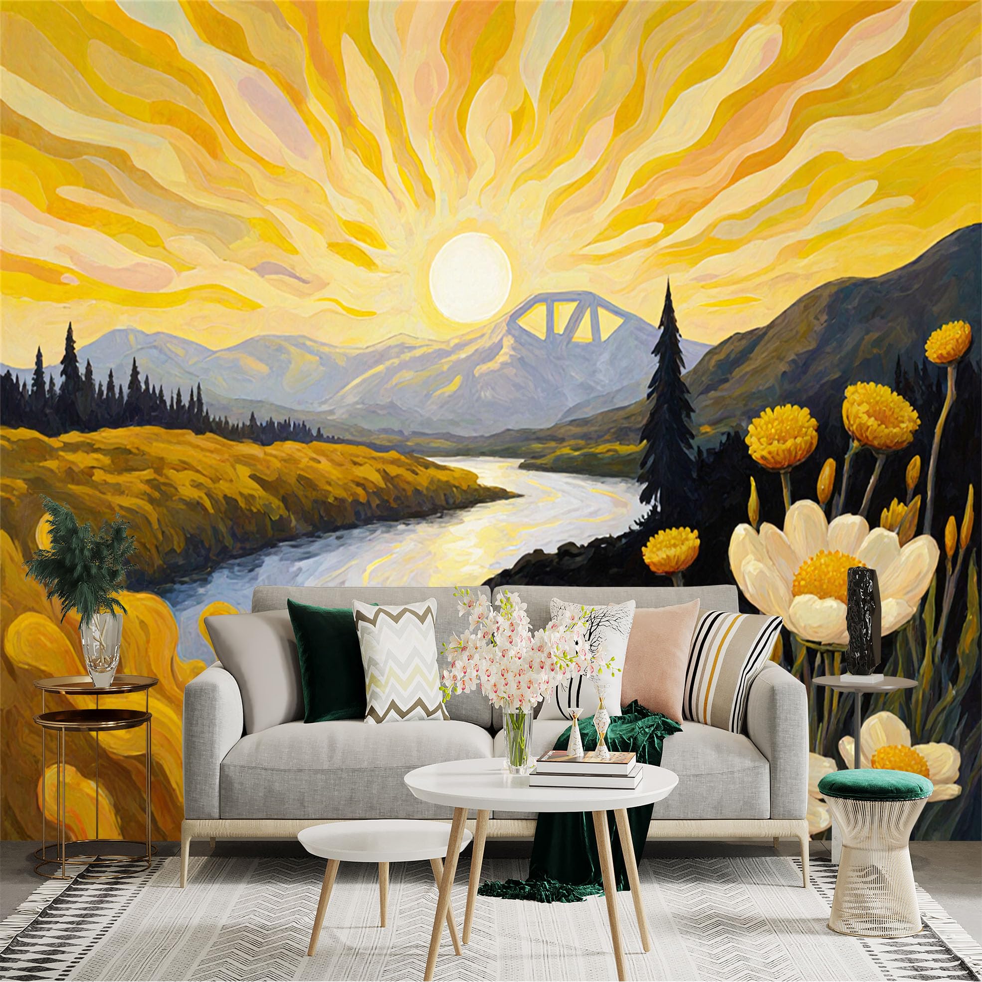 Custom Size Wall Sticker Mural， Golden Sunrise Over River with Mountains and Wildflowers， for wall Decoration， peelandstick wall Decals.