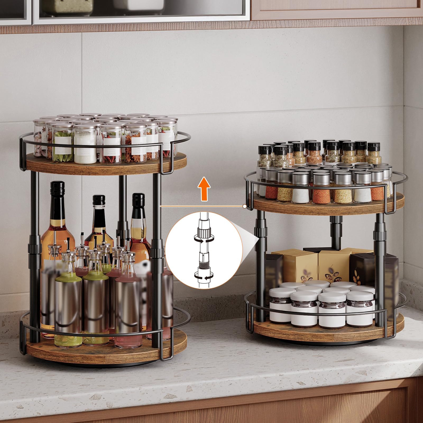 HOOBRO Scaffale Portaspezie a 2 Livelli, Scaffale da Cucina con Altezza Regolabile, Organizer da Cucina Rotante per Piano, Armadio, Tavolo, Marrone Vintage EBF05TL01