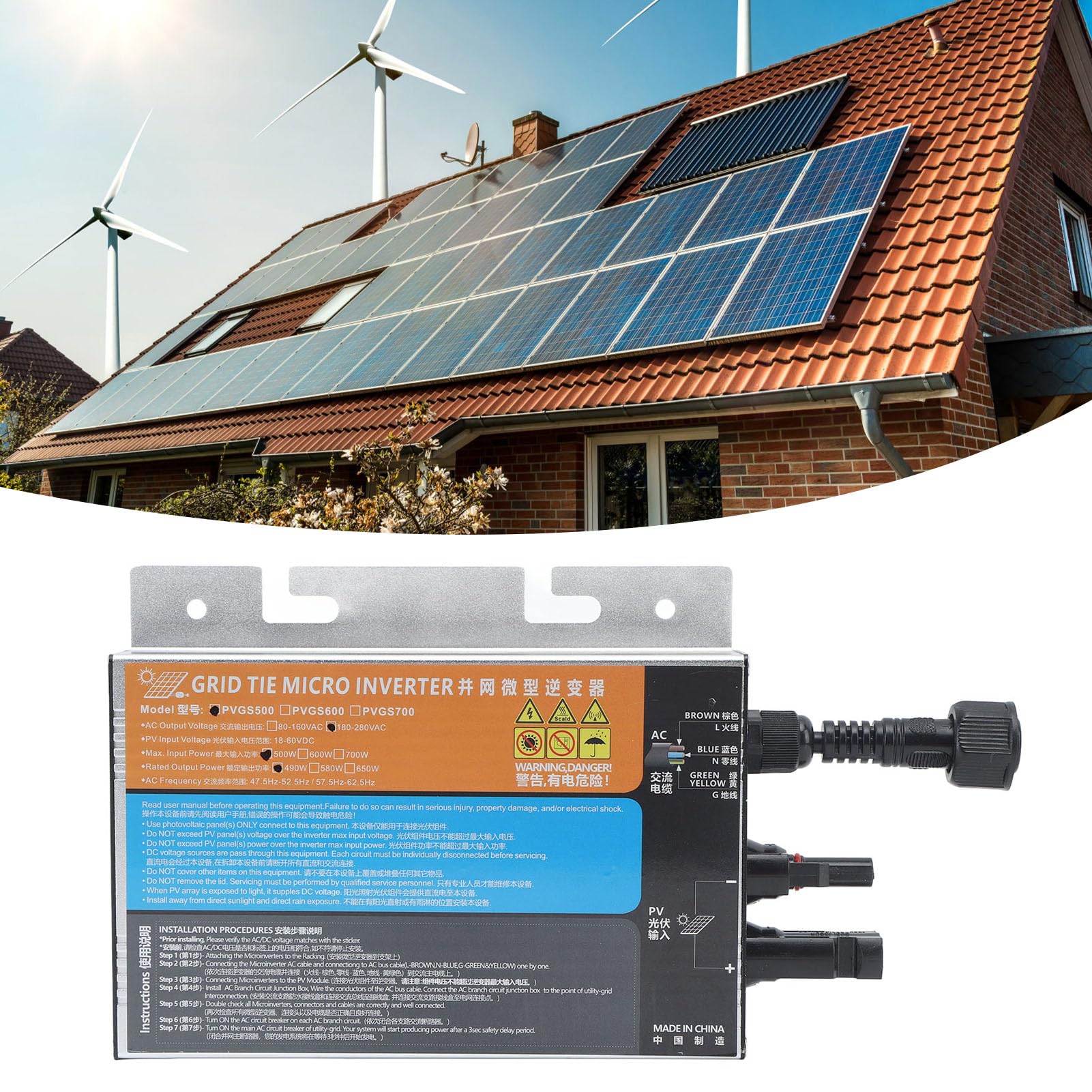 FTVOGUE Microinversor Solar de 500 W, Microinversor de Conexión a Red Solar de Aleación de Aluminio AC220 V Protección de Corriente de Onda Sinusoidal Pura para Panel Uso de Energía en el Hogar