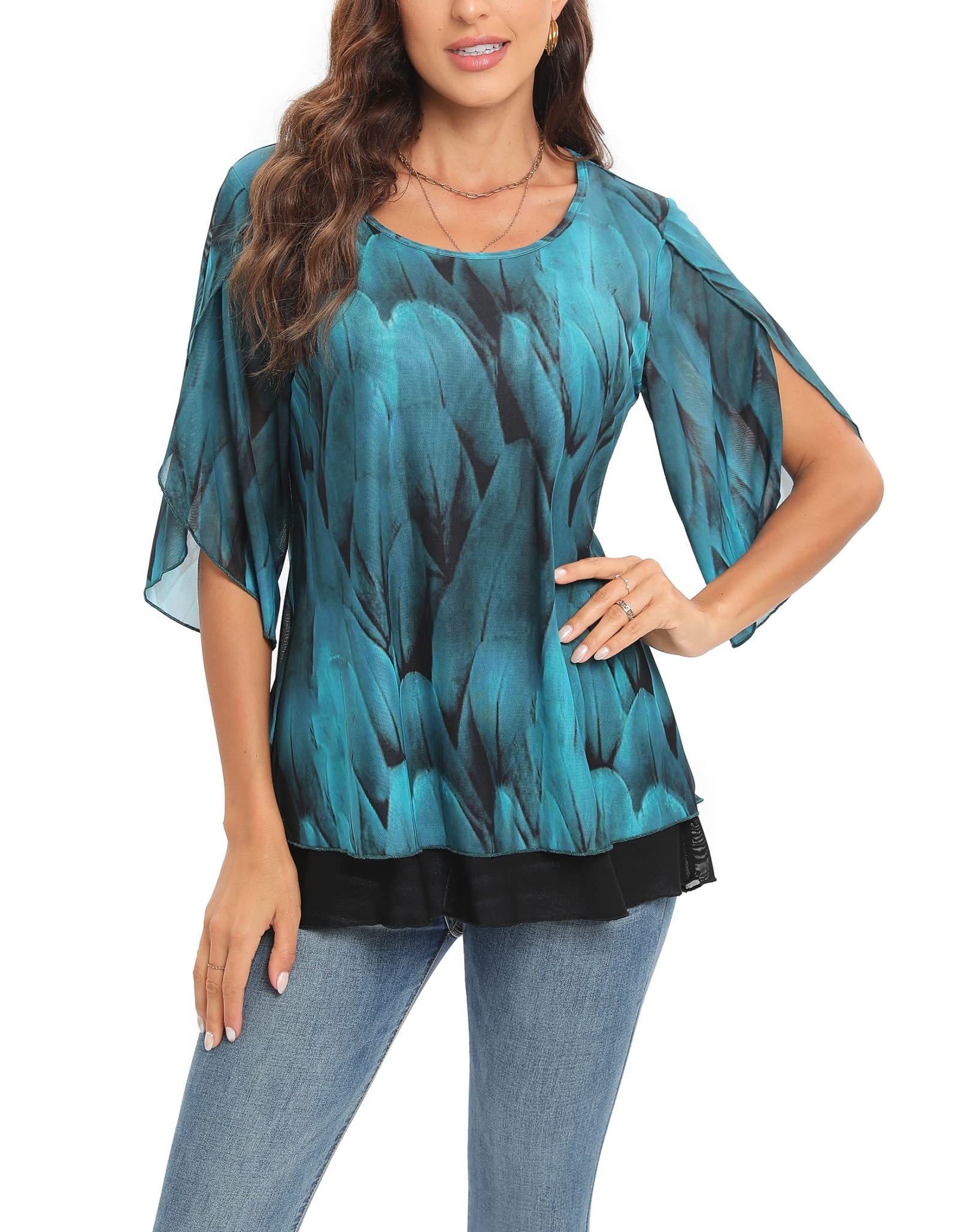 AxByCzD Ruffle 3/4 Sleeve Mesh Blouses Scoop Neck Trendy Dressy Elegant Flowy Tops