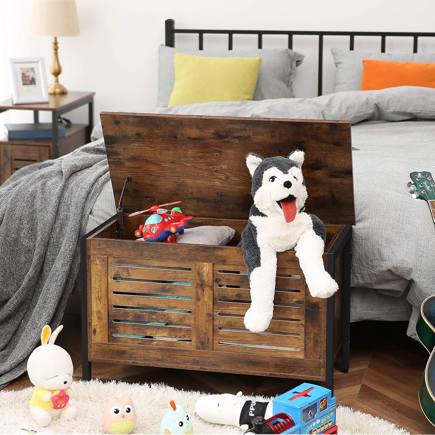 HOOBRO Storage Bench, Lift Top Toy Box Organizer with Safety Hinge, Sturdy Entryway Storage Chest, Wood Look Accent Furniture with Metal Frame, Louvered Door, Rustic Brown BF85CW01 : Home & Kitchen