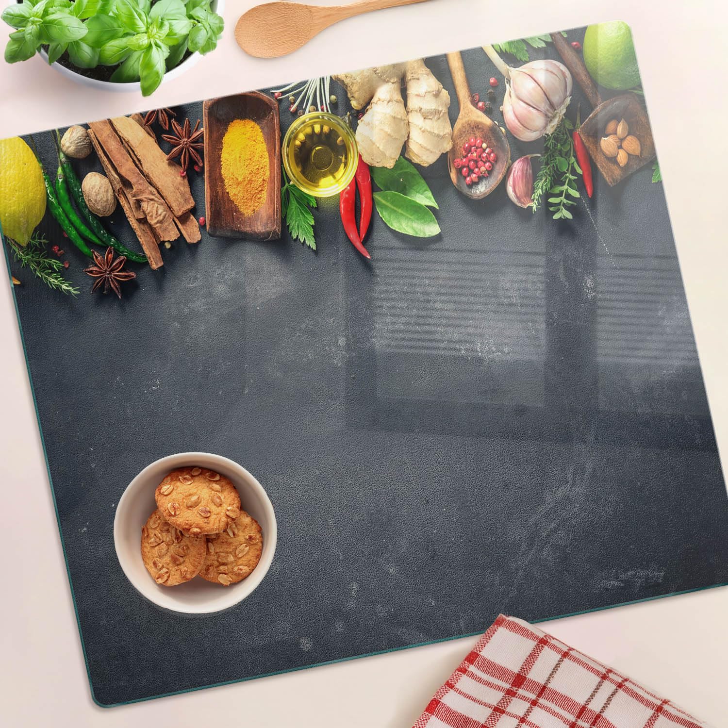 Tagliere in Vetro 60x52 cm Facile da Pulire Rettangolare con Stampe da Cucina Antigraffio Durevole e Igienico con Piedini Antiscivolo Resistente al Calore - Erbe e spezie