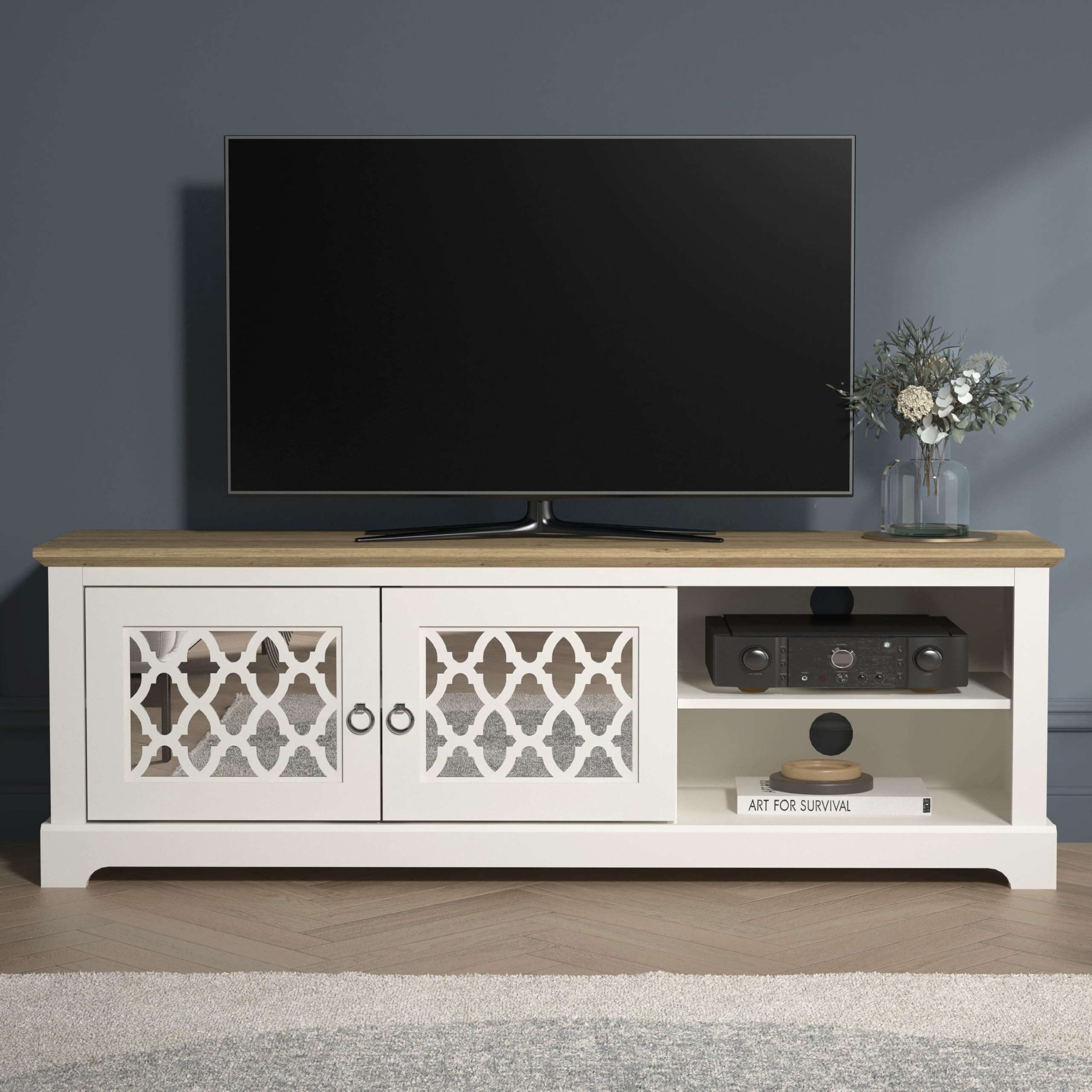 Galano Novara Wide TV Unit, Entertainment Centre for up to 65" TV, 150cm TV Unit with 2 Doors, TV Stand Cabinet for Living Room, Large Storage (Ivory/Oak)