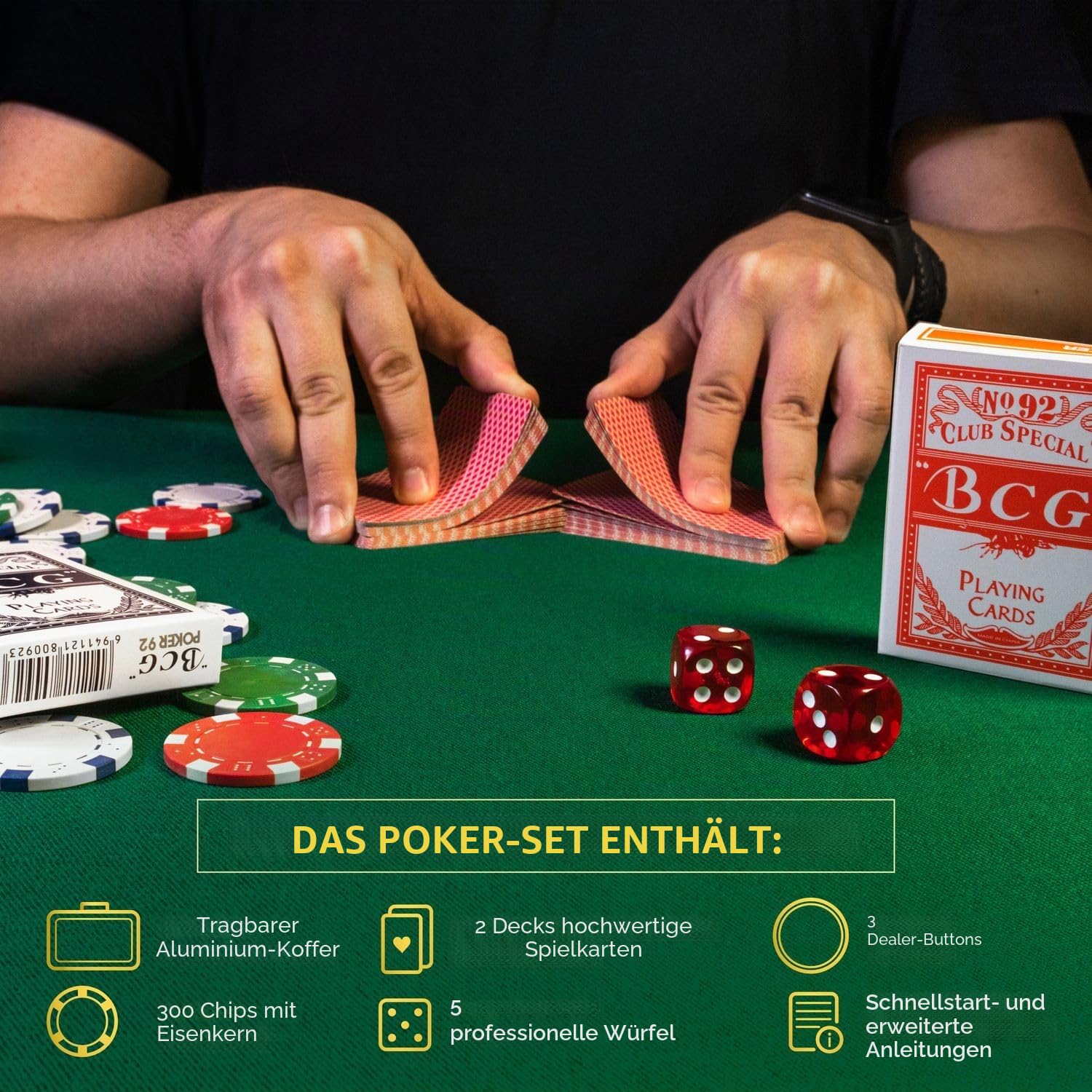 Queensell Pokerkoffer mit 300 Poker Chips für Texas Holdem – Profi Poker Set mit Aluminium Koffer, Pokerkarten, Dealer Button & Würfeln