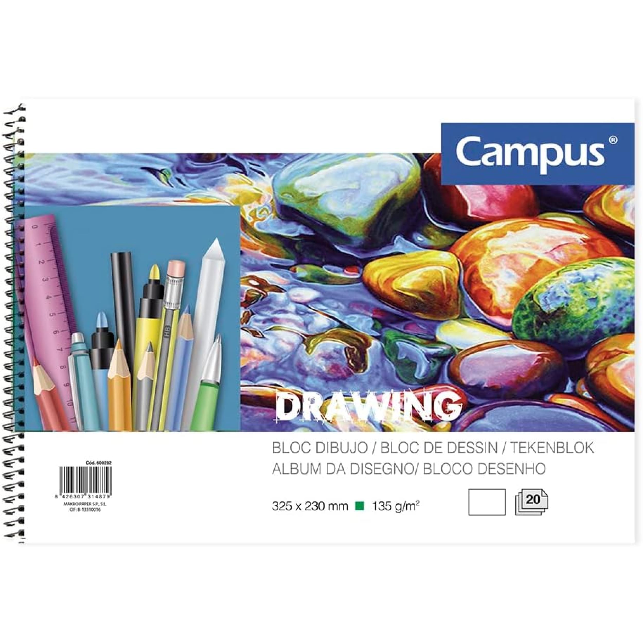Campus - Bloc de Dibujo A4 Cuaderno de Bocetos con Espiral 20 Hojas 135 gramos en Blanco para Carboncillo, Lápiz, Ceras o Pastel
