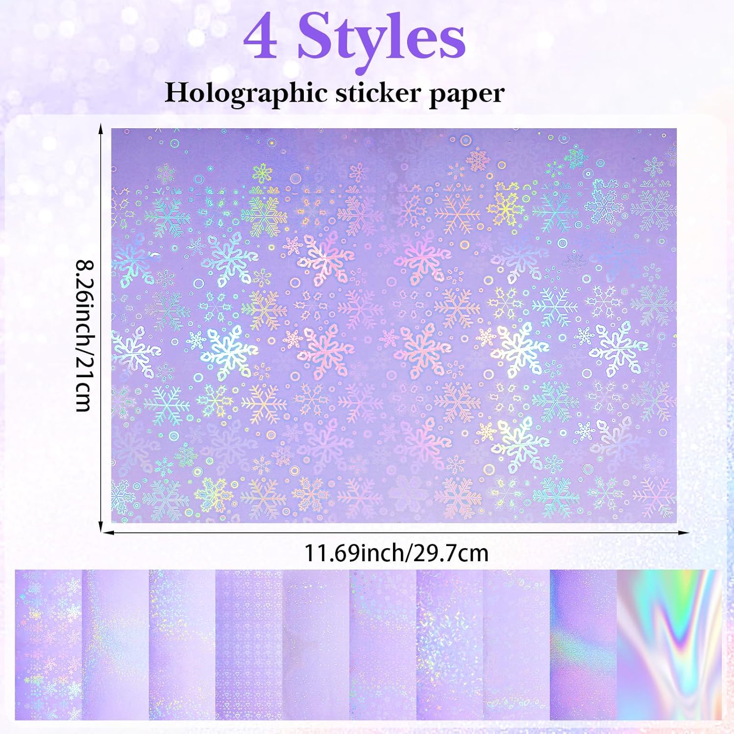 100PCS Holographic Stickers Paper, A4 Transparent Holographic Laminate Sheets, Self Adhesive Waterproof Vinyl Glitter Laminate Sheets, Rainbow Vinyl Sticker Sheet with Gem Spot Star Pattern