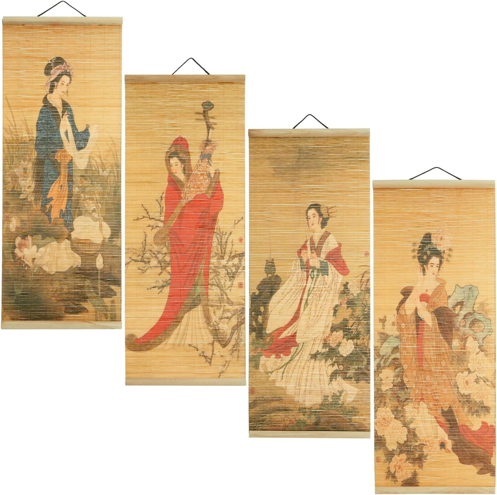 Juvale Asian Wall Decor, 4 Pack Hanging Bamboo Scrolls, Chinese Paintings (10x26 in)