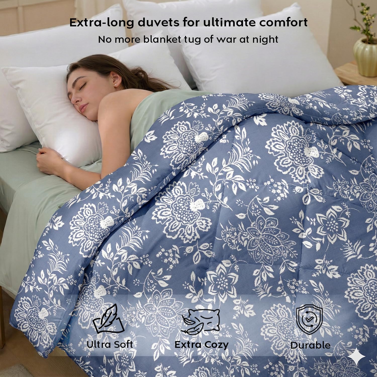 AYKA Reversible AC Comforter 150 GSM Microfiber Summer Blanket Double Bed (90x100 Inches) | Printed Floral Design Cooling Quilt for AC Room | Soft Breathable Duvet Blue & White 3