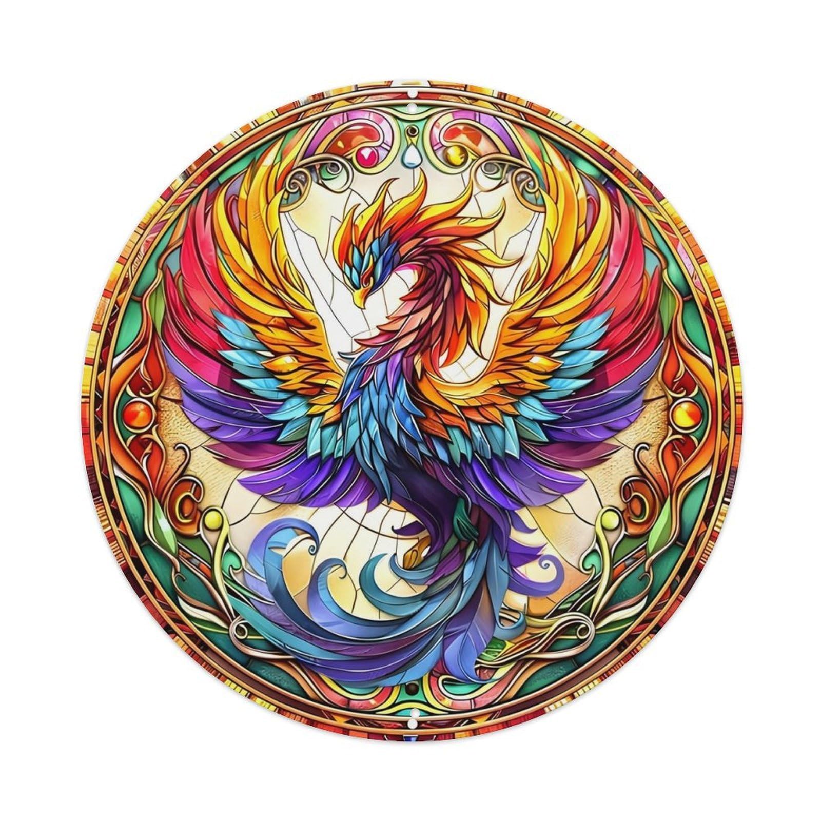 Colorful Phoenix Stained Glass Pattern Vintage Metal Tin Sign Retro Wall Decor for Home Bar Garage Cafe, Indoor & Outdoor Decorative，circle Metal Poster, 8x8 Inch