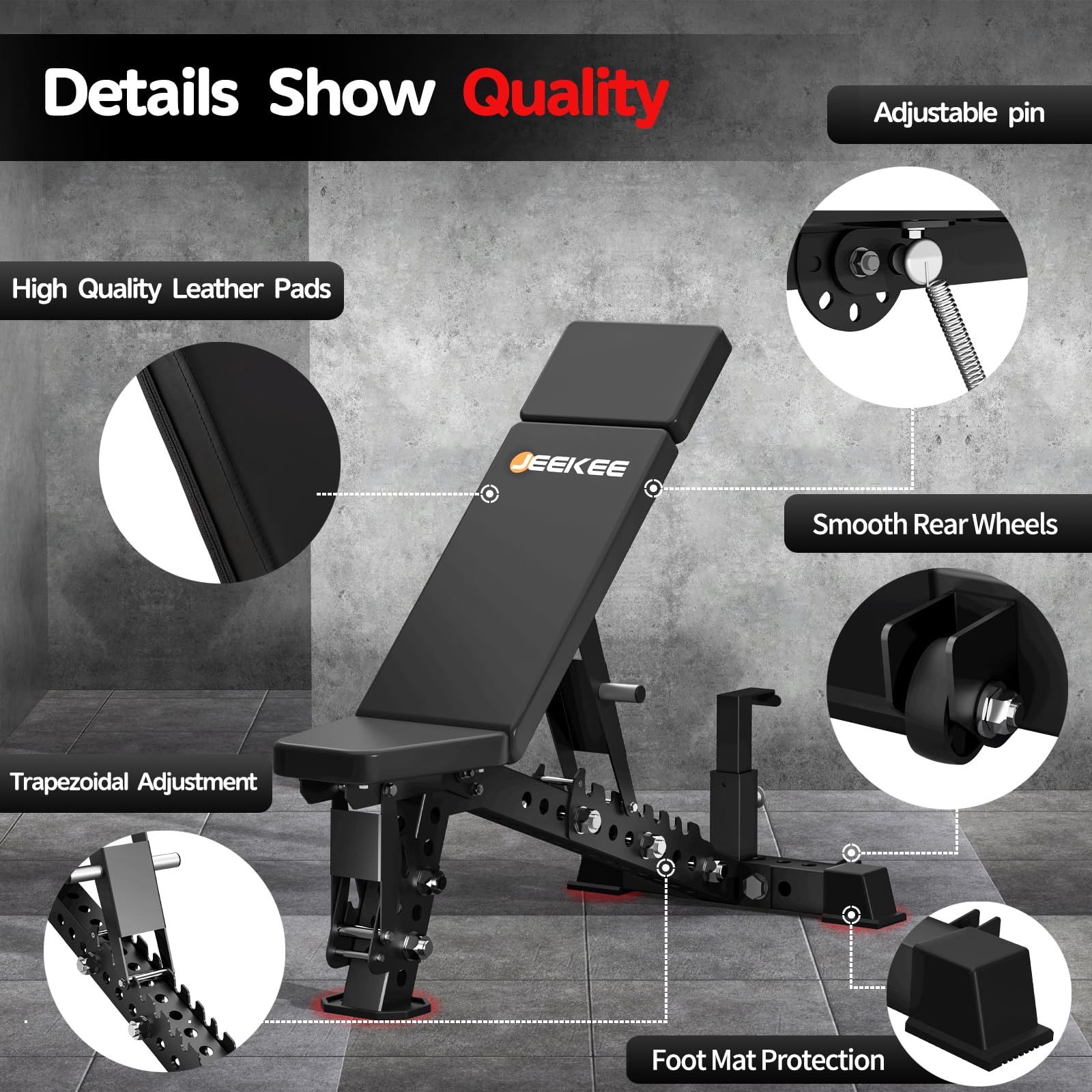 JEEKEE Adjustable Weight Bench, 40" Extended Backrest for Tall Lifters up to 6'5", 1300LBS Weight Capacity and 44 Adjustable Positions Bench for Garage and Home Gym Workouts