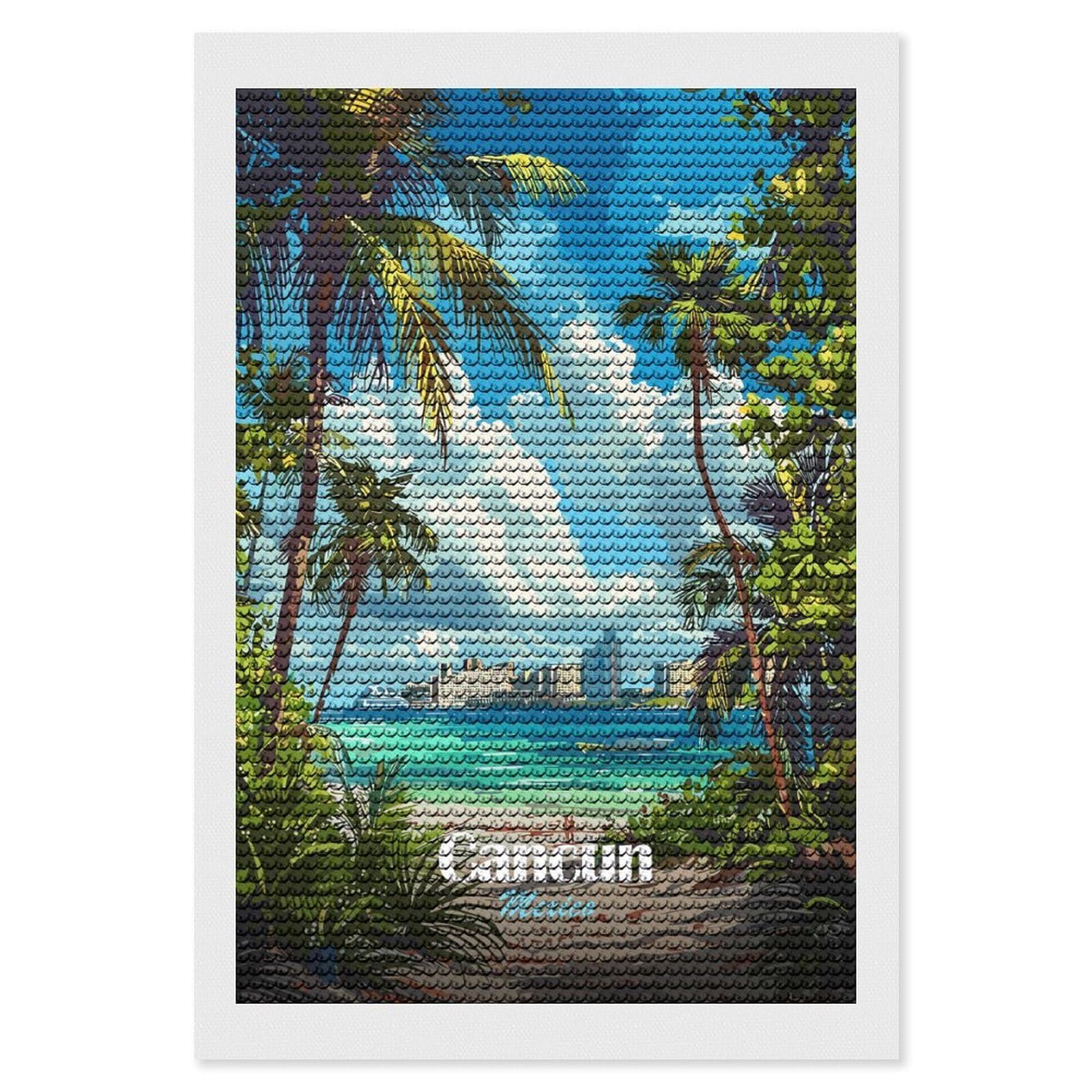 Junmoney Cancun Mexico Tropical Beach Illustration DIY Diamond Art Canvas Kit 8"x12", Farmhouse Decor, Vintage Style Decor, Handmade Wall Decor, Canvas Picture