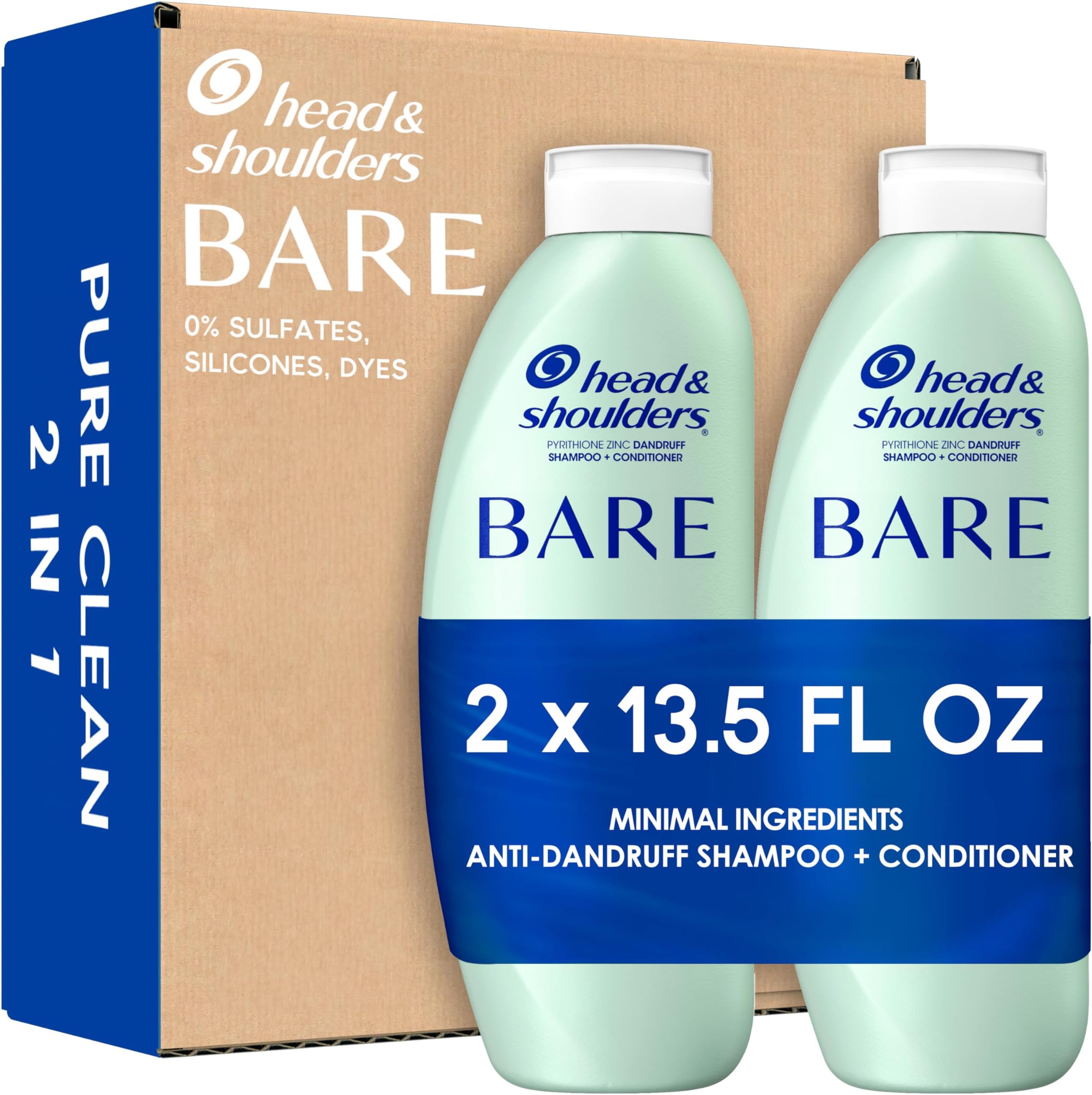 BARE 2-in-1 Dandruff Shampoo And Conditioner Twin Pack, Pure Clean, Sulfate-Free, Silicone-Free, Dye-Free, Eco-Friendly Bottles, Safe for All Hair Types, 13.5 Fl Oz Each (Set of 2)