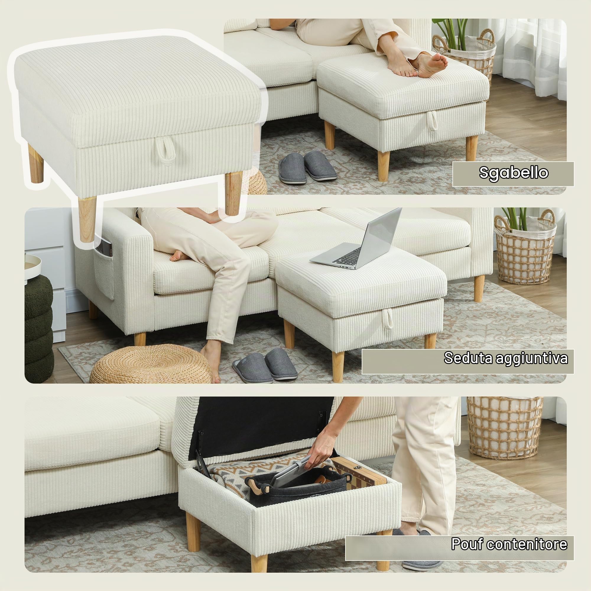 HOMCOM Divano a 3 posti con poggiapiedi in velluto a coste 192 cm, design moderno, sgabello portaoggetti, cuscini a molle, seduta e schienale imbottiti, per soggiorno, camera da letto, ufficio, beige