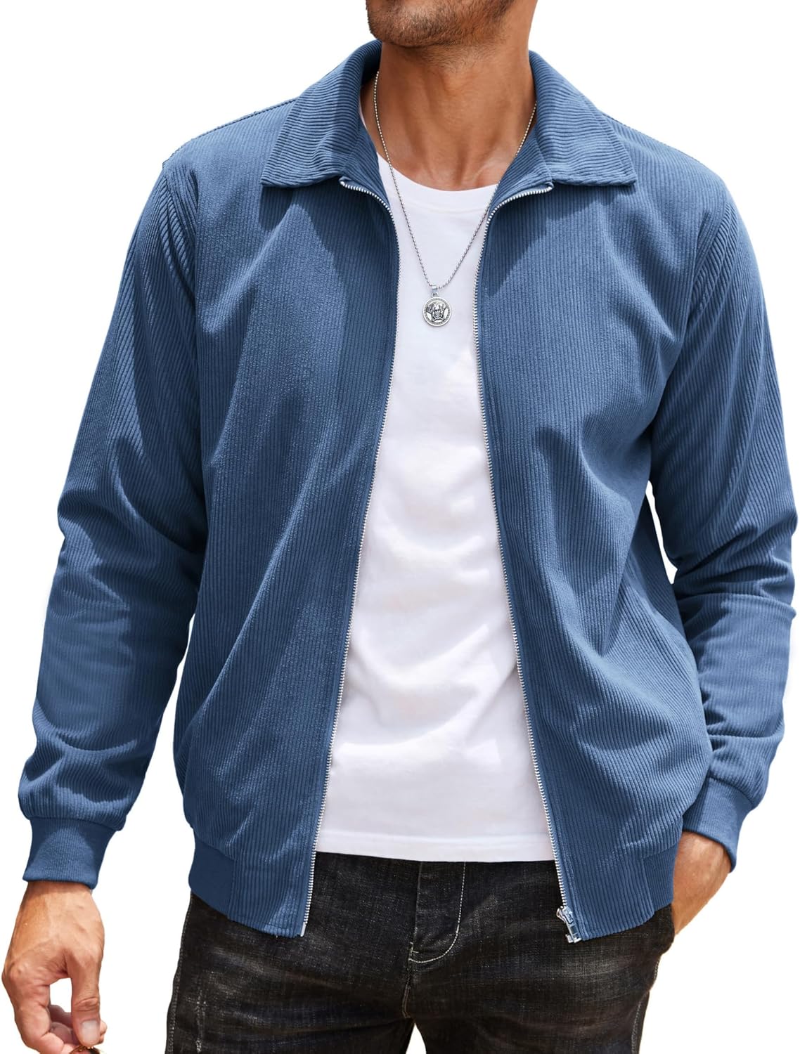 COOFANDY Men's Casual Corduroy Jacket Lightweight Zip Up Vintage Jacket Collared Bomber Jacket