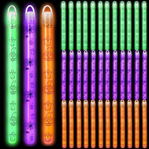 Juego de 36 collares de 8 pulgadas con palitos brillantes de Halloween con tapas y cordones brillantes de calabaza de araña brillante que brillan en