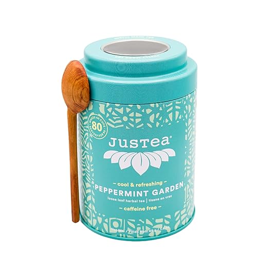 JusTea PEPPERMINT DETOX Té de hierbas de hojas sueltas Lata con cuchara de té tallada a mano Más de 40 tazas (1.6 onzas) Sin cafeína Ganador de