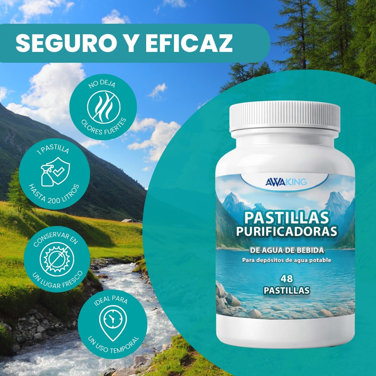 AWAKING Pastillas Potabilizadoras de Agua 48 uds | Tratamiento hasta 9600 Litros | 200L por Pastilla | Ideal para Depósitos, Bidones, Caravanas y Emergencias.
