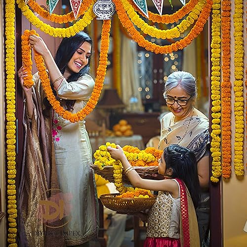 Vista 32 de Guirnalda de caléndula para decoración, 5 piezas de 5 pies de largo, flores artificiales de caléndula de caléndula, decoración india para Pooja
