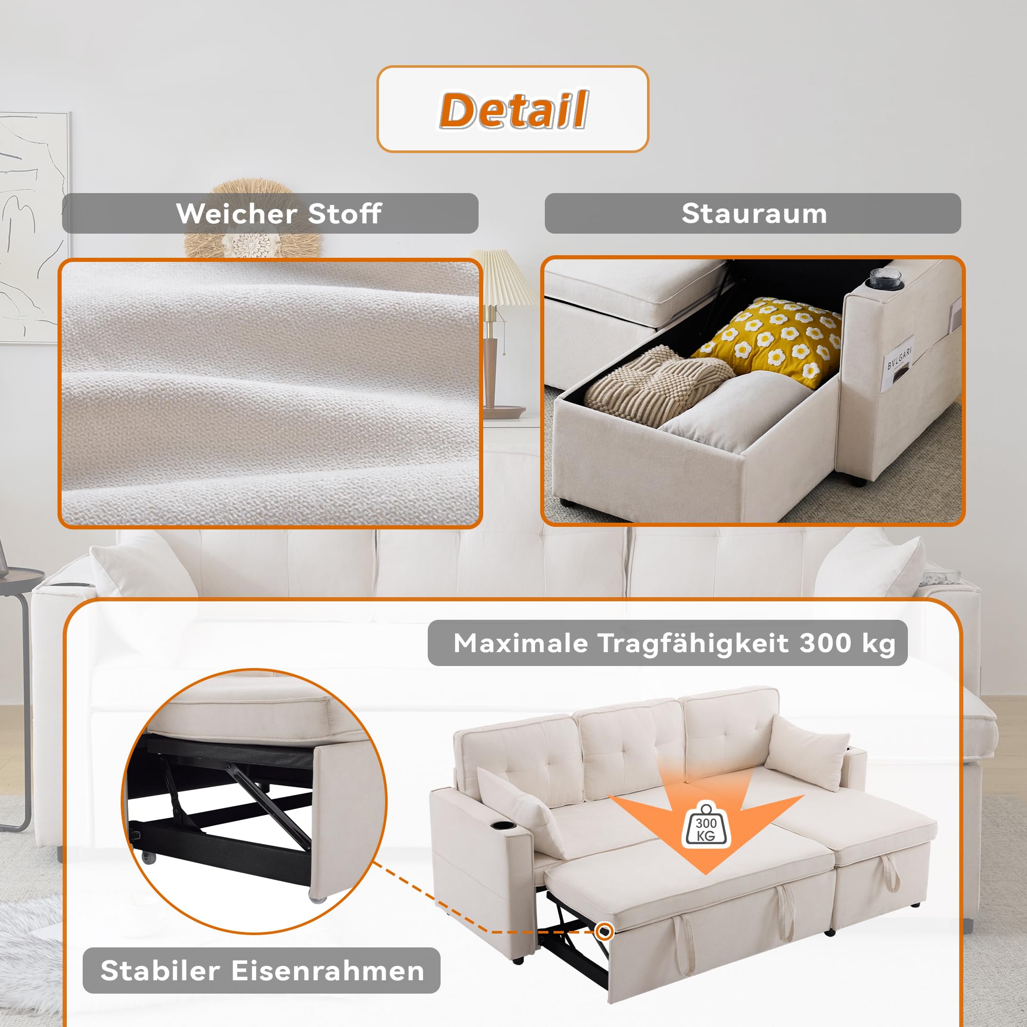 Sofá y cama en forma de L, sofá-cama con función de dormir, 3 plazas, diseño moderno, muebles tapizados, con espacio de almacenamiento y soporte para bebidas