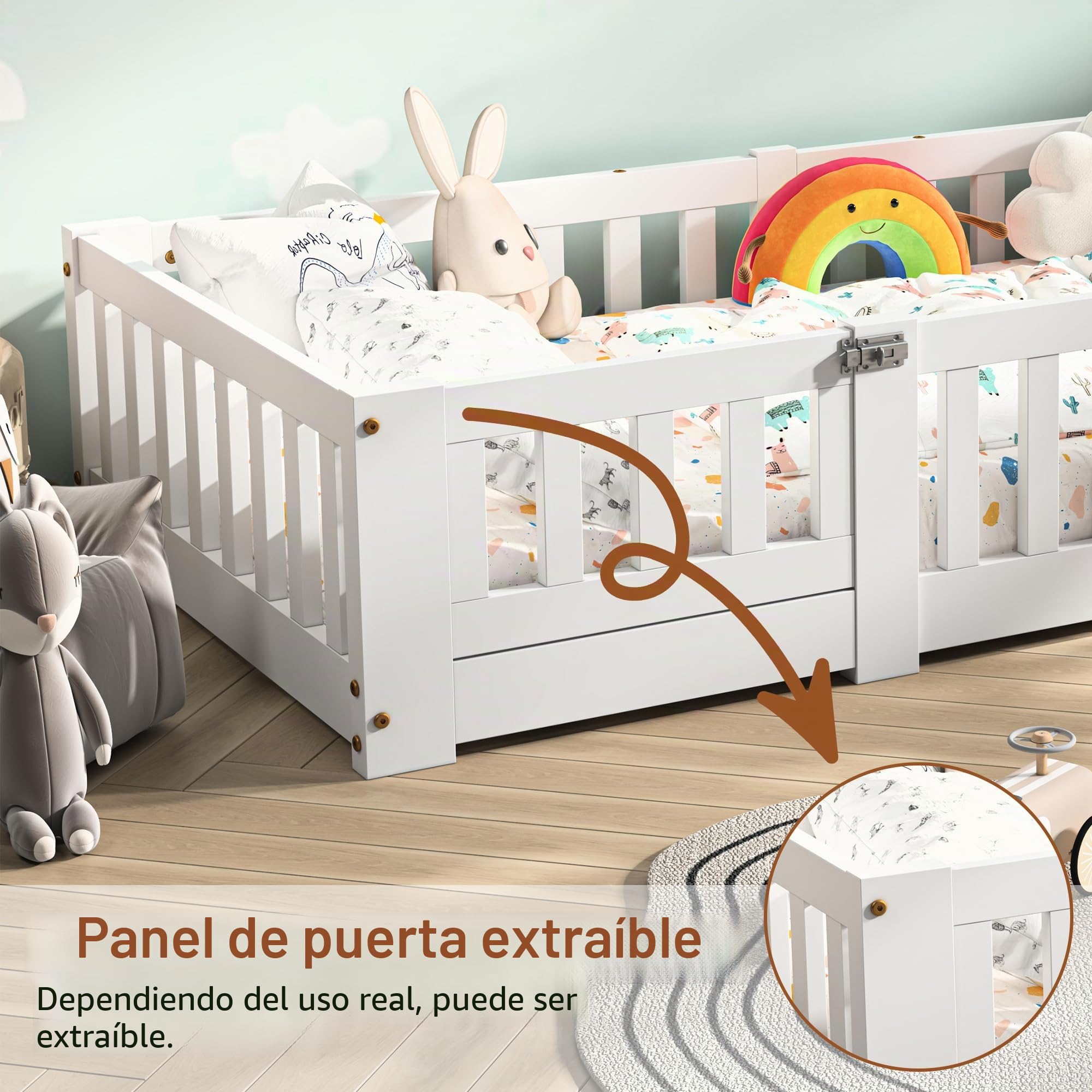 BRILVERDE Cama Infantil Montessori 120x200 cm con Rejilla y Puerta, Marco de Madera Maciza con Somier, Juvenil Individual para Niñas y Niños (Blanco, 120 x 200 cm)