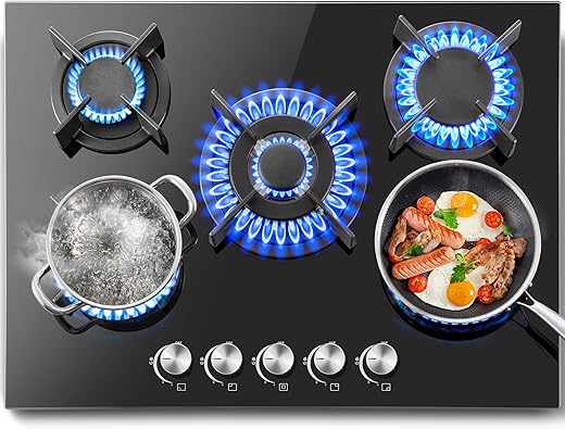 SNDOAS Gas Hob 5 Burners, NG/LPG Convertible, Built-in Black Glass Gas Hob 70cm, Flame Failure Protection, 10400W
