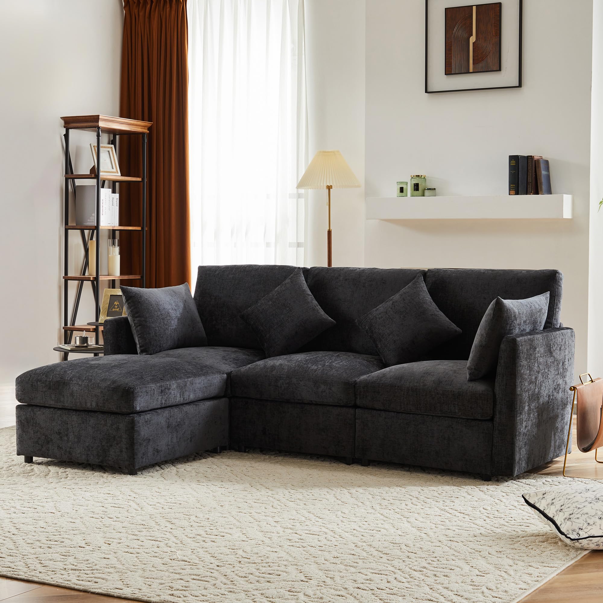 Sofá moderno modular de tela de felpilla, sofá cama de 3 plazas, de 4 plazas, sofá esquinero en forma de L con reposapiés, sofás con chaise longue, 216 x 161 x 81 cm (gris)