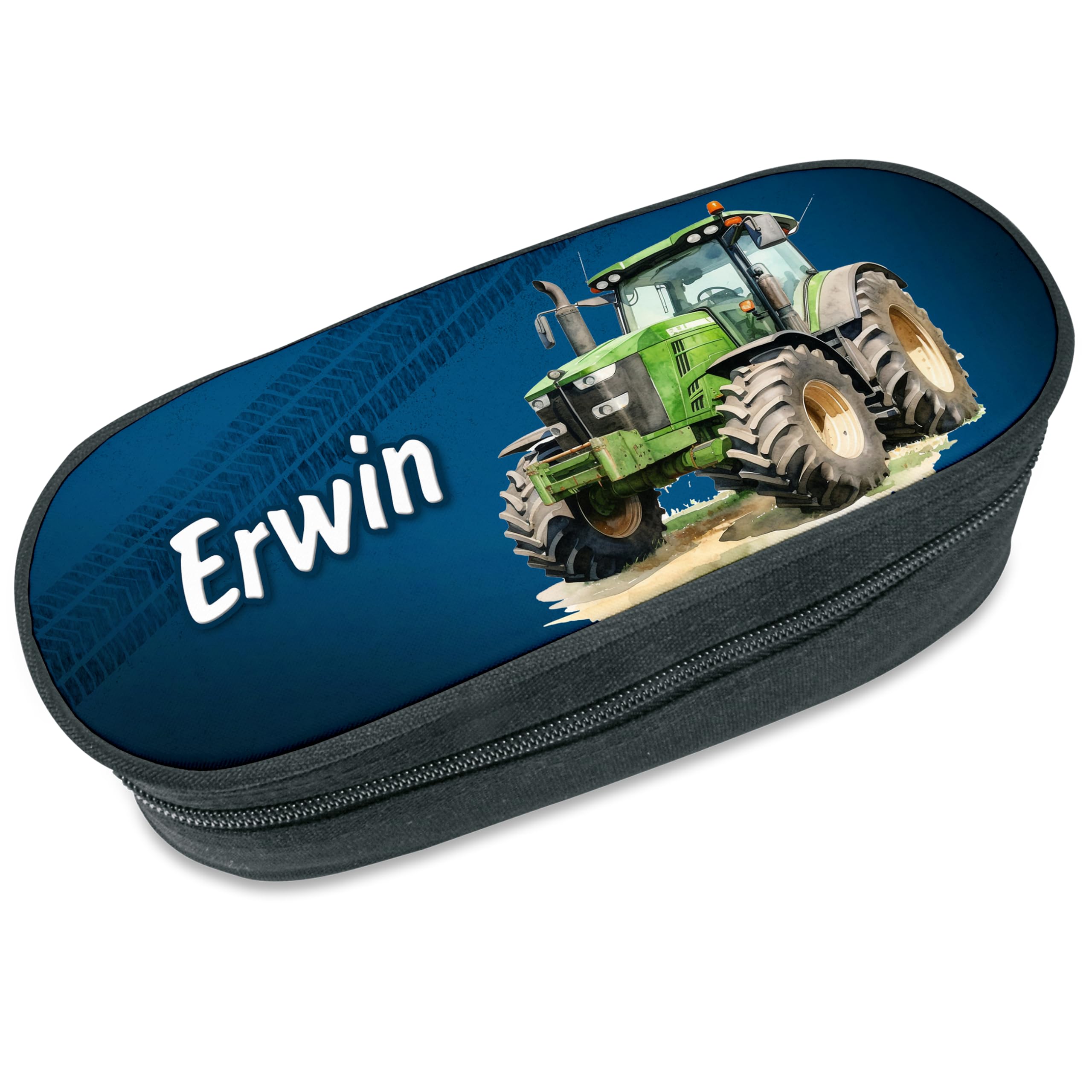 Federmäppchen Traktor mit Name personalisiert, Federtasche in dunkelblau für Jungs und Mädchen, Stiftebox Geschenkidee Schulanfang, Schule, Kinder, Schlamppermappe Schlamppermäppchen
