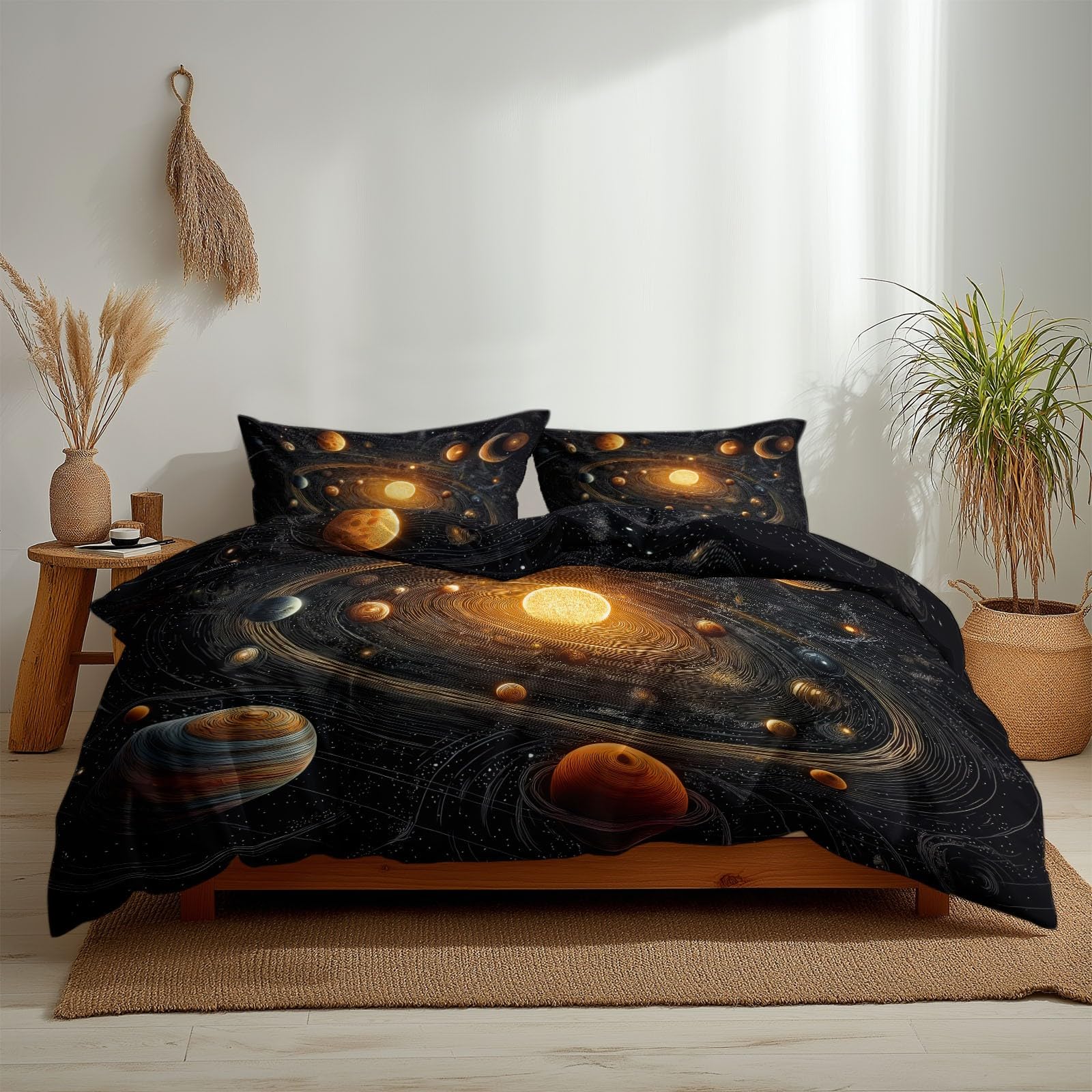 Genérico Juego de Funda Nórdica 150 x 220 cm Reversible Sistema Solar de Fantasía Estrellas Espirales 3 Piezas, Negro Tinta Suave y Transpirable Funda Nórdica, para Niños, Jóvenes y Adultos
