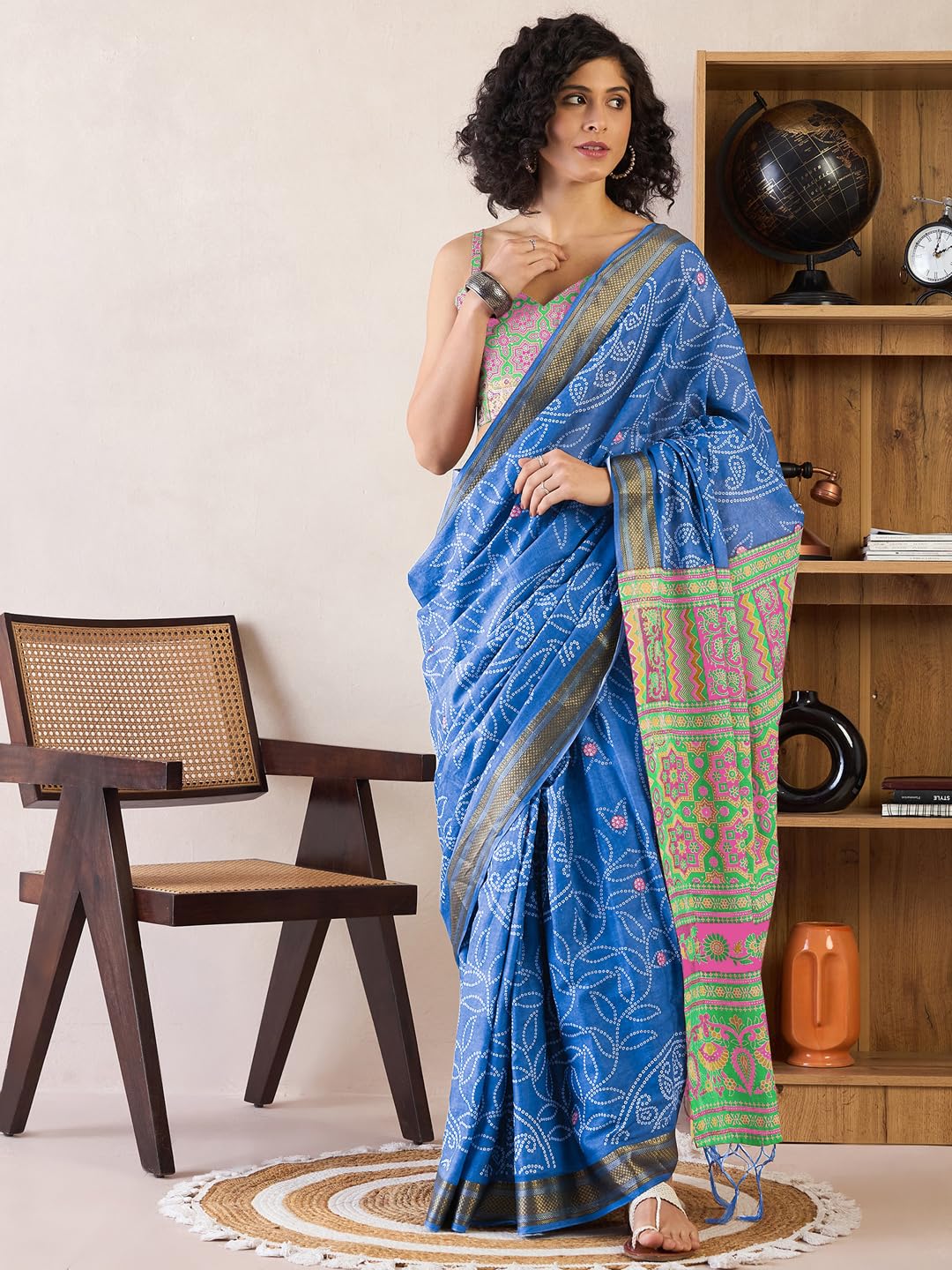 SAREE MALL Women's Blue Cotton Bandhani Printed Ready To Wear one Minute Saree With Unstitched Blouse (RTWMINAXI7401A_SMC) 1