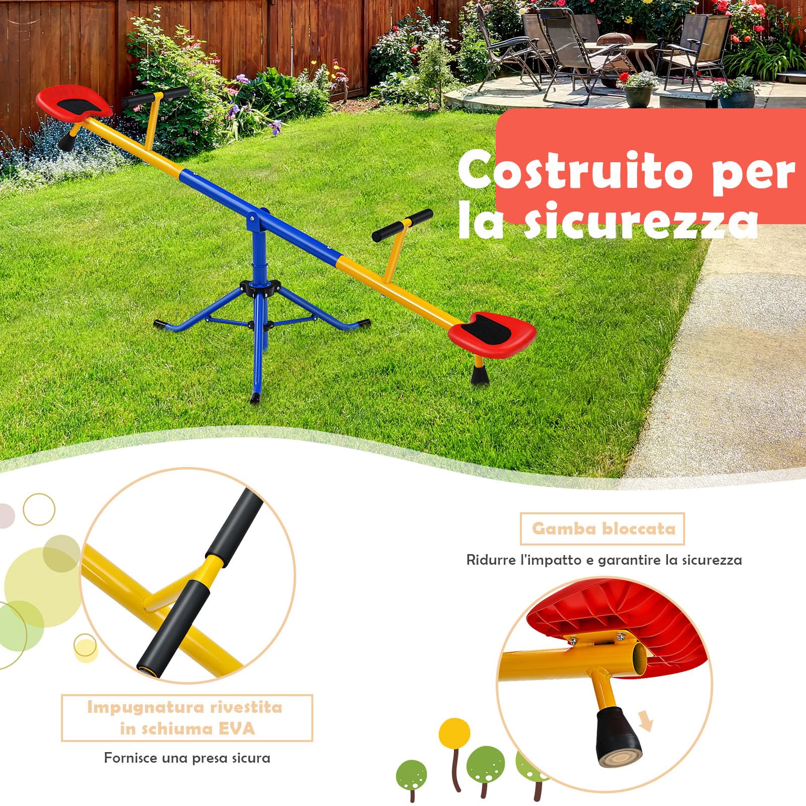 RELAX4LIFE Altalena a Dondolo per Bambini 3-8 Anni, Girevole 360° con Blocco per le Gambe, Maniglie Antiscivolo, Base a Tre Artigli in Acciaio, Carico di 60 kg, Gioco da Esterno per Scuola Materna