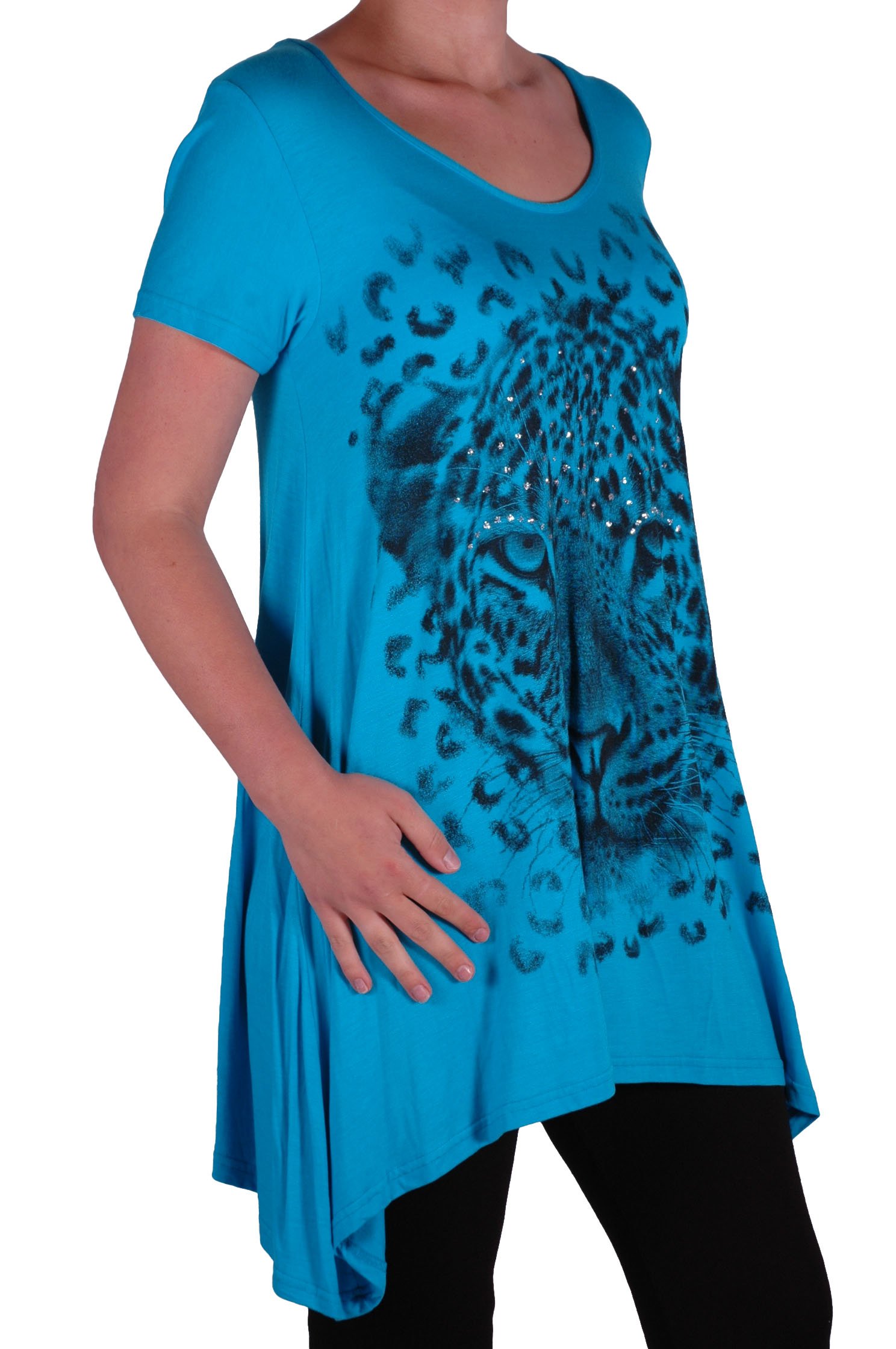 Eye Catch Women's Turquoise Eyecatch Plus - Graphic Tiger Long Draped Sparkle Short Sleeve Stretch Top - Comfortable And Adjustable - Sizes 14-28