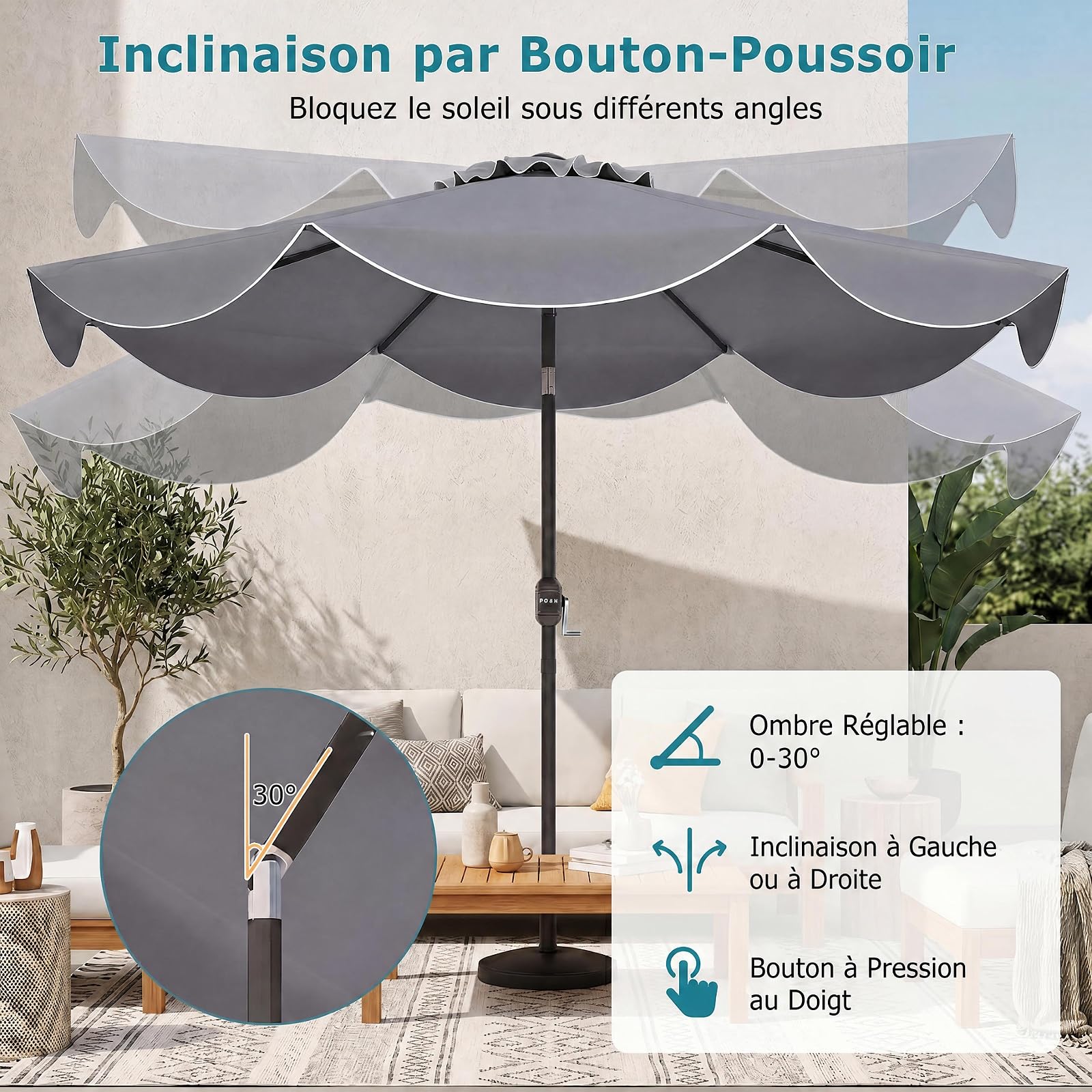 RELAX4LIFE 2,7M Parasol Inclinable à Volants pour Terrasse Balcon Piscine, Parasol de Jardin Extérieur à 8 Baleines, Protection UV, Polyester Résistant, Manivelle, Loquet de Sécurité, Attache (Gris)