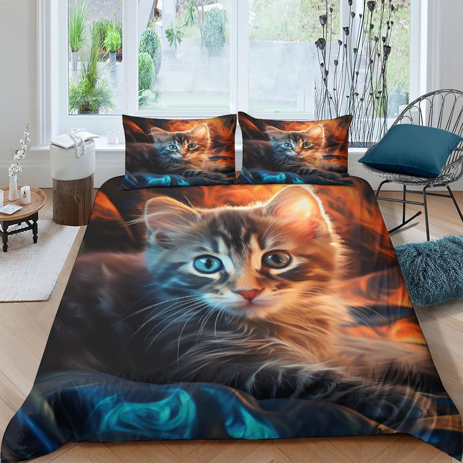 Housses de couettes chat imprimé 3D parure de lit 3 pièces avec fermeture éclair