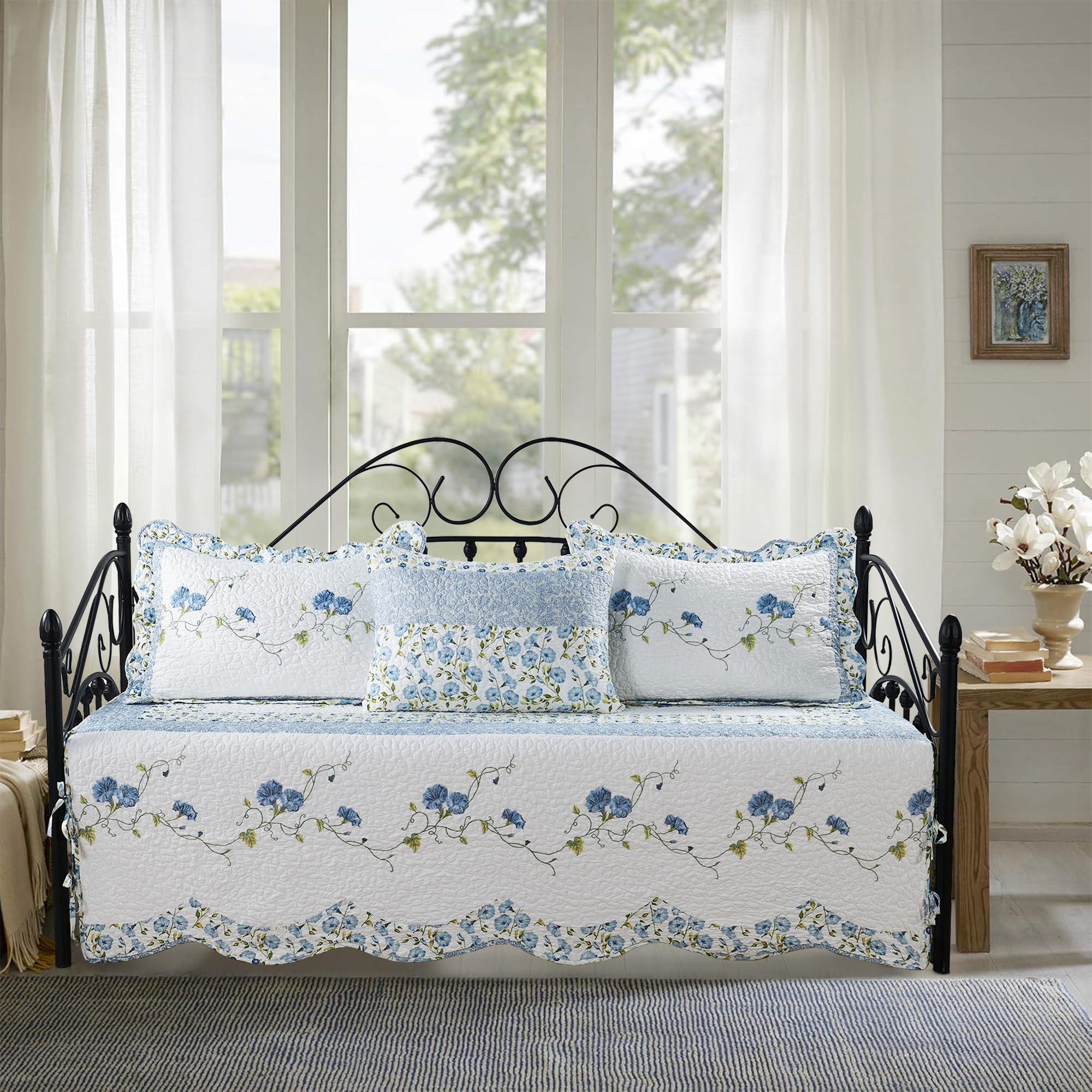 4-Piece Quilted Microfiber Daybed Cover Set with Floral Embroidery, All Season Luxurious Bedding with Matching Shams, 75"x39", Morning Glory