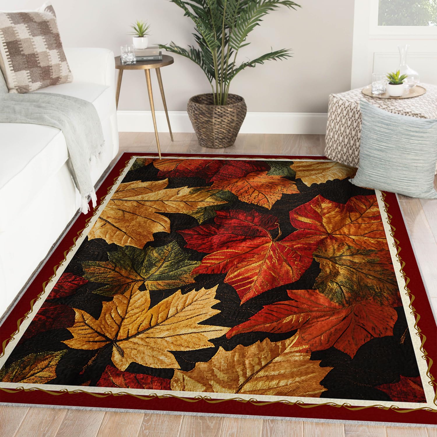 120x180cm Tapis de Salon Lavable en érable coloré Rugs bohème à Poil Bas pour Chambre Salle à Manger Bureau Feuilles d’Automne Tapis d’intérieur