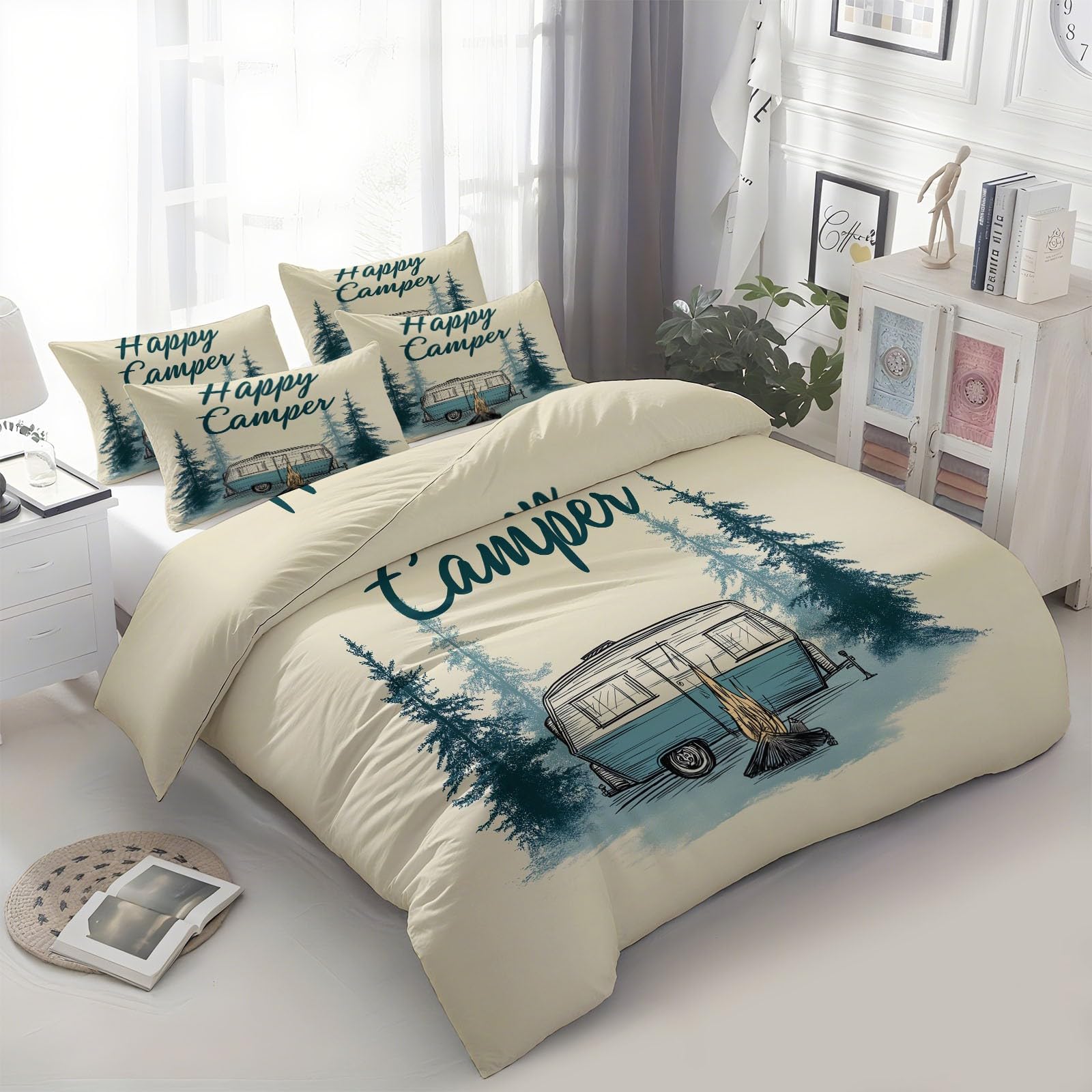 King zestaw pościeli kempingowej Van Bonfire Trees dwustronna poszewka na kołdrę 230 x 220 cm, ultrasoft, hipoalergiczna, nie wymaga prasowania, styl retro, luksusowe zestawy pościeli z zamkiem