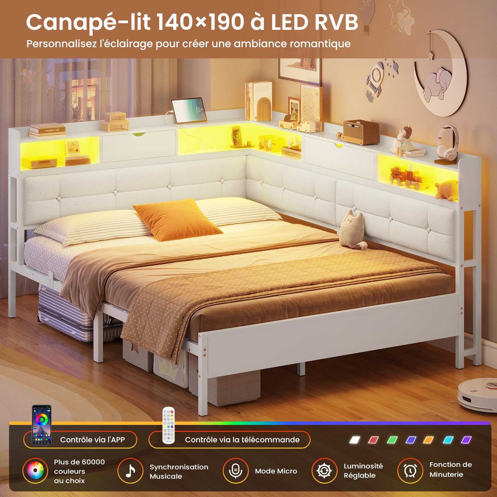 AOGLLATI Canapé-lit 140x190 avec Multiprise et Éclairage LED Réglable, Canapé-lit Convertible Capitonné avec 6 Compartiments et 24 cm d’Espace sous Lit (Beige, 140x190cm)