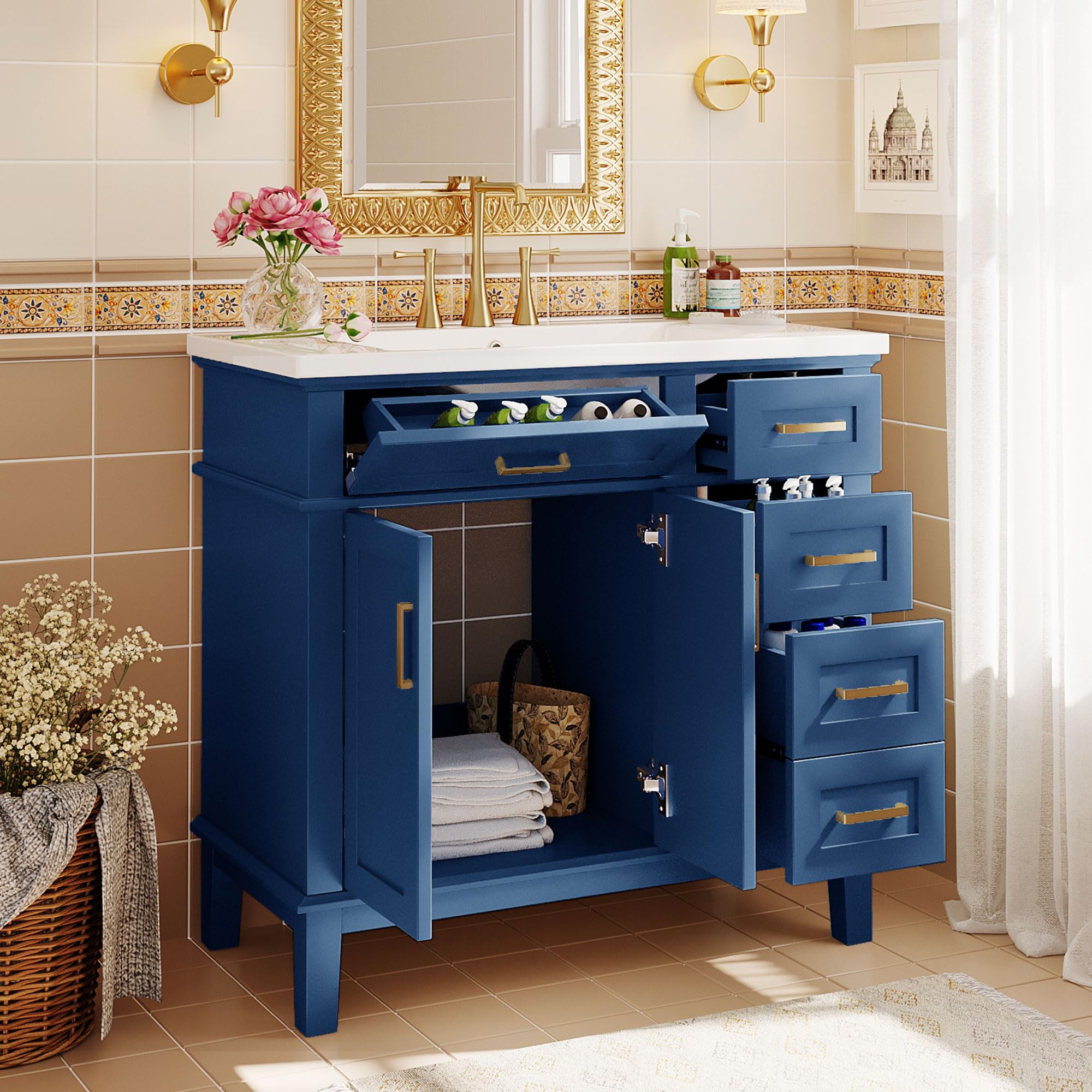 LUMISOL 36" Bathroom Vanity with Sink Combo, Modern Blue Bathroom Storage Cabinet with Tip-Out Drawer & 2 Soft-Close Doors, Solid Wood Freestanding
